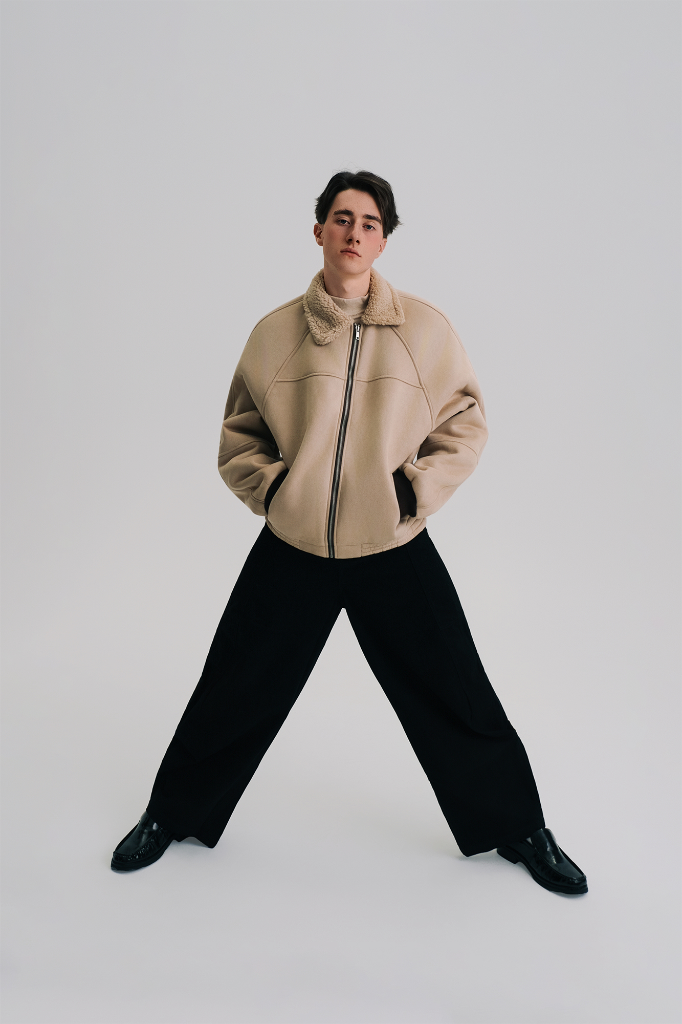 WIID Faux Suede Shearling-Collared Bomber Jacket