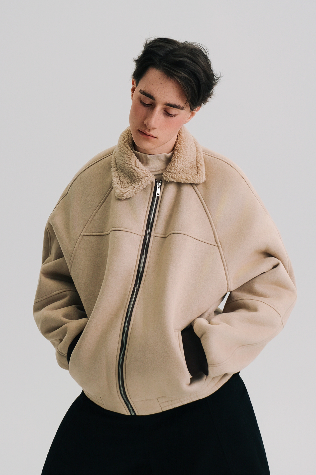 WIID Faux Suede Shearling-Collared Bomber Jacket