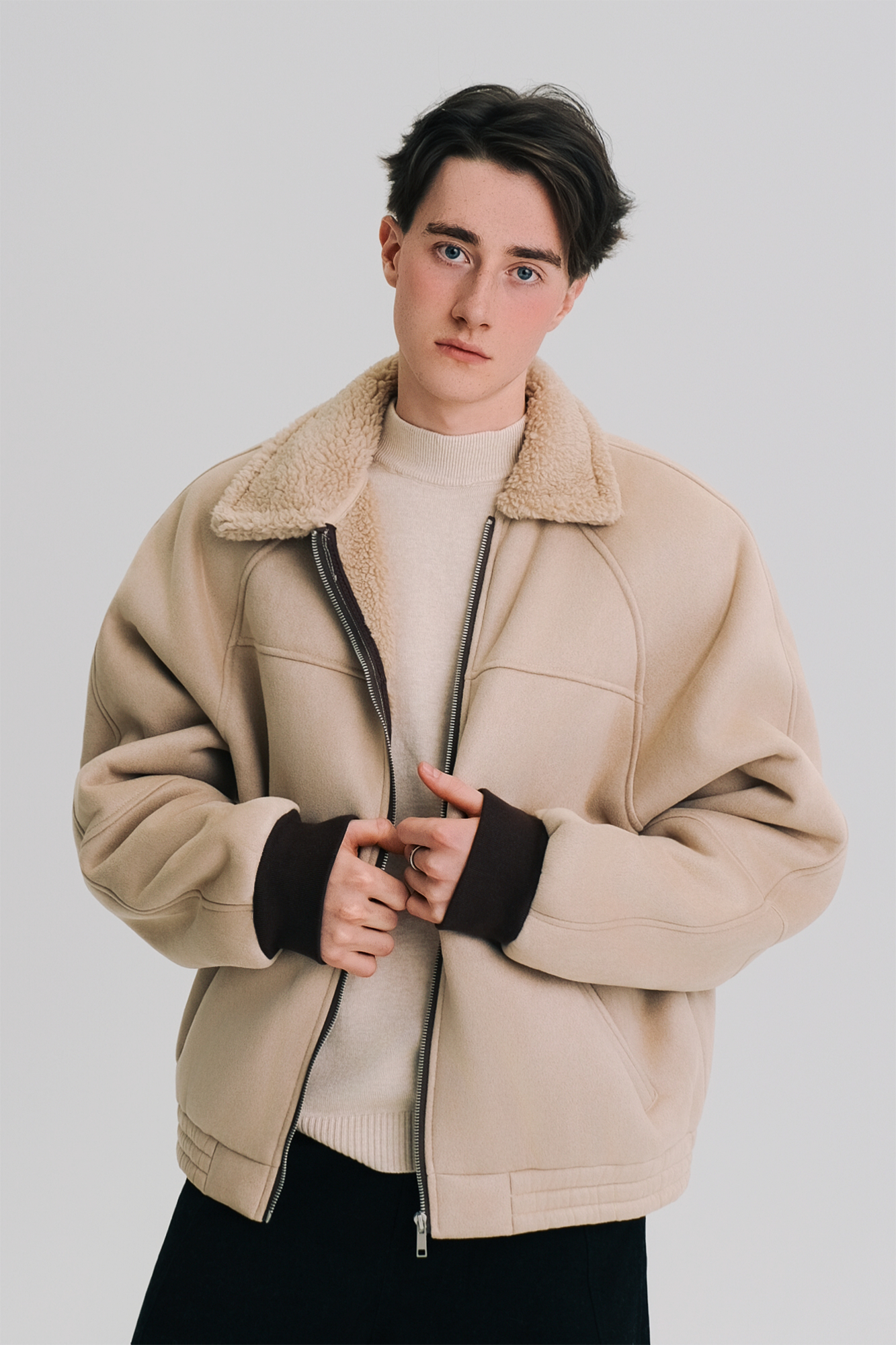 WIID Faux Suede Shearling-Collared Bomber Jacket