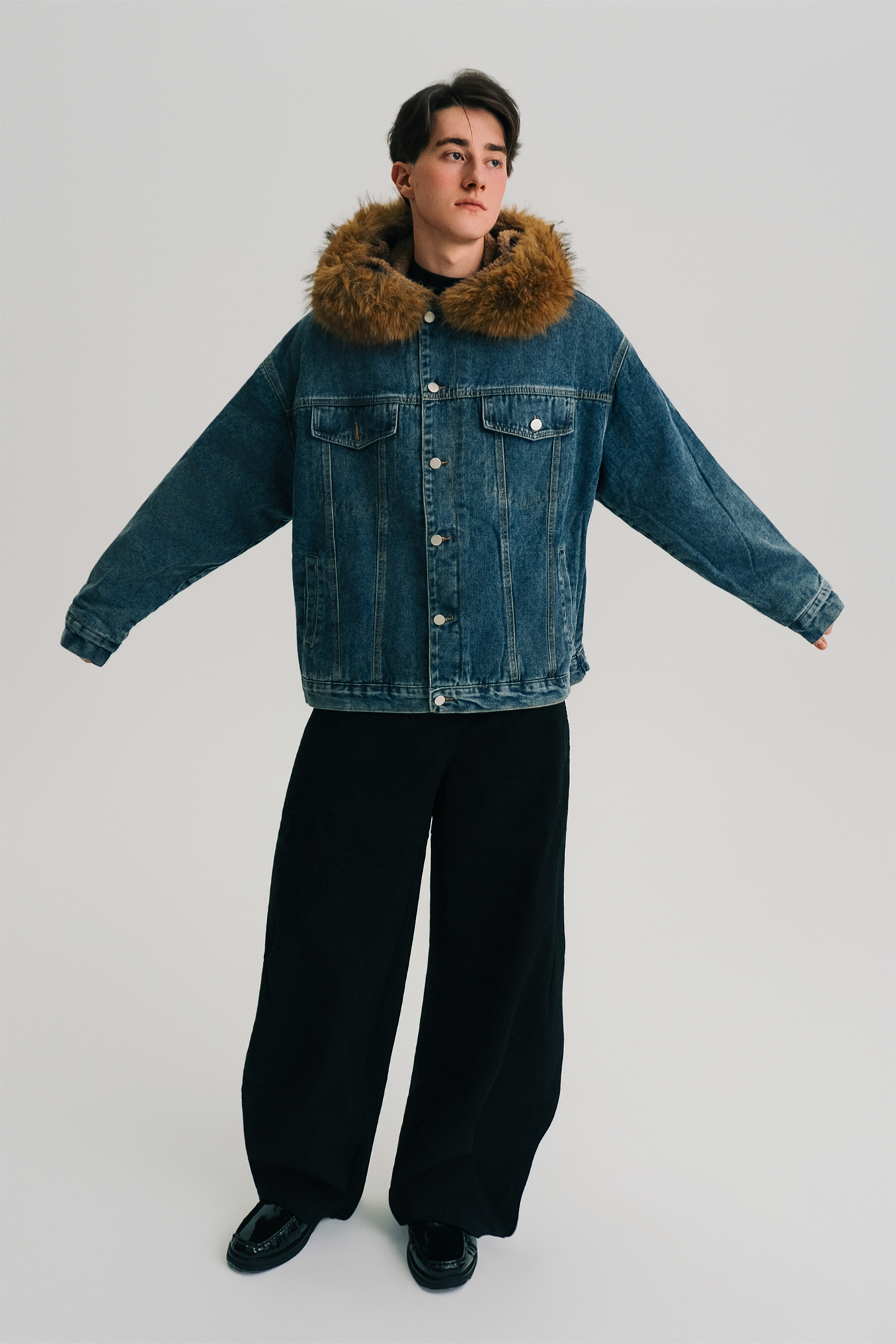 WIID Detachable Faux Fur-Collared Denim Jacket