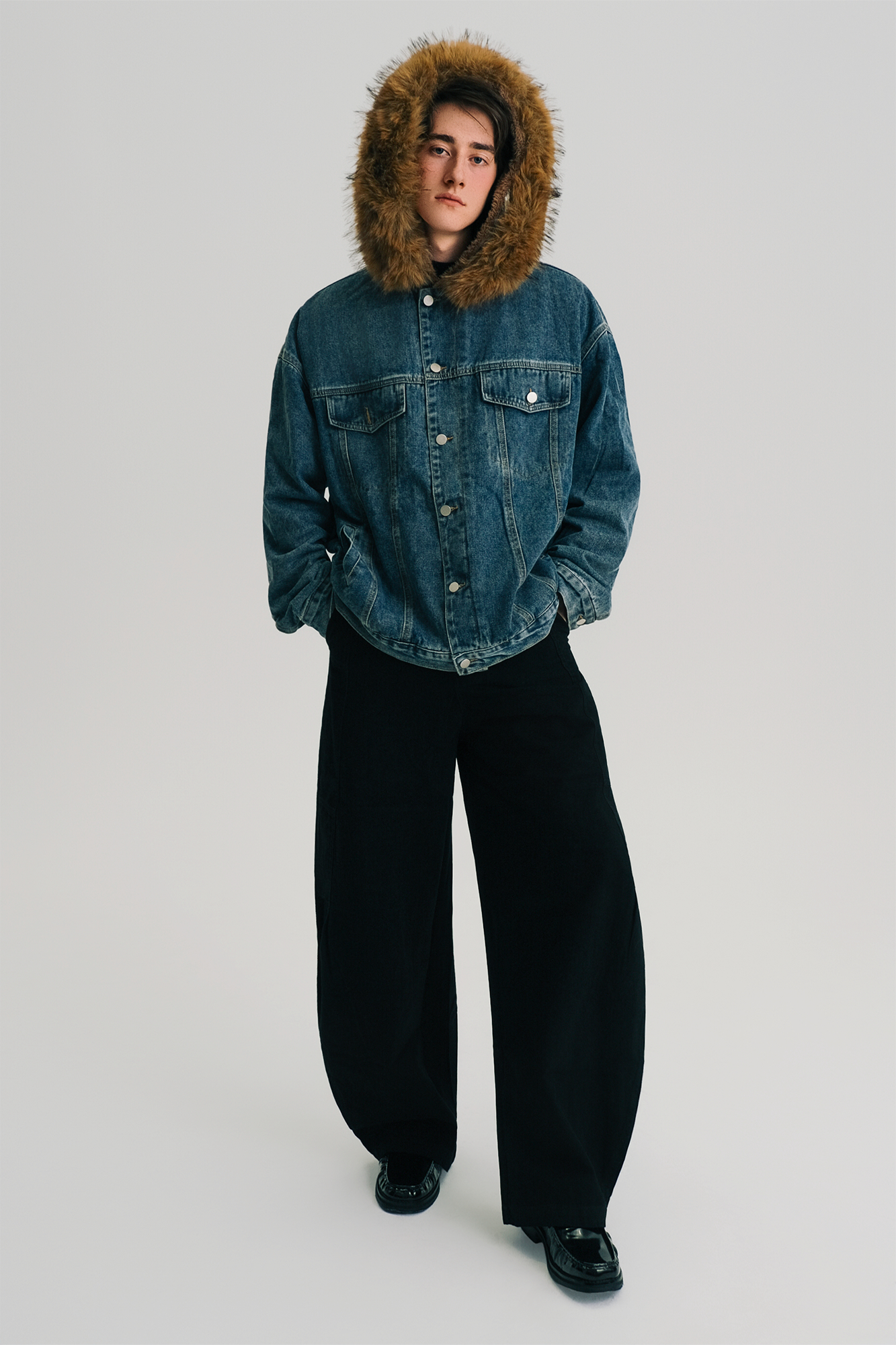 WIID Detachable Faux Fur-Collared Denim Jacket