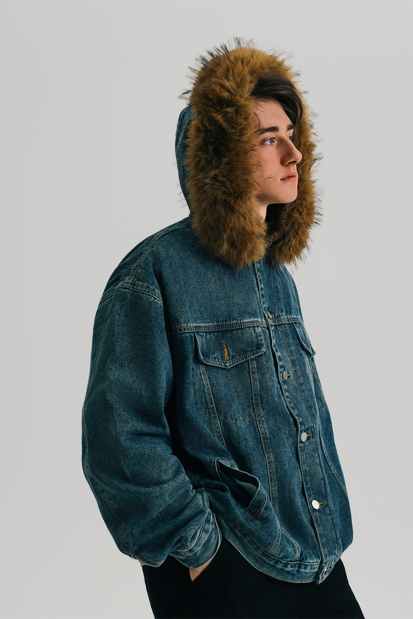WIID Detachable Faux Fur-Collared Denim Jacket