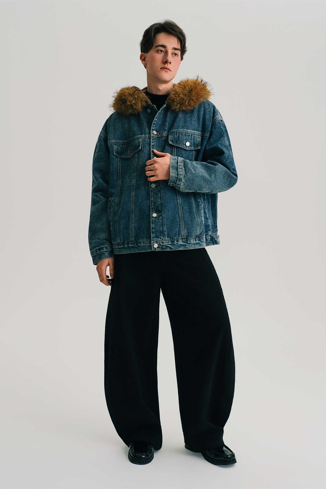 WIID Detachable Faux Fur-Collared Denim Jacket
