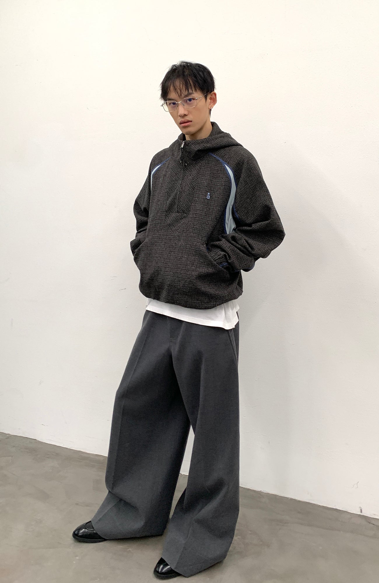 ROARINGWILD A ARCH Plaid Paneled Half-Zip Hooded Jacket