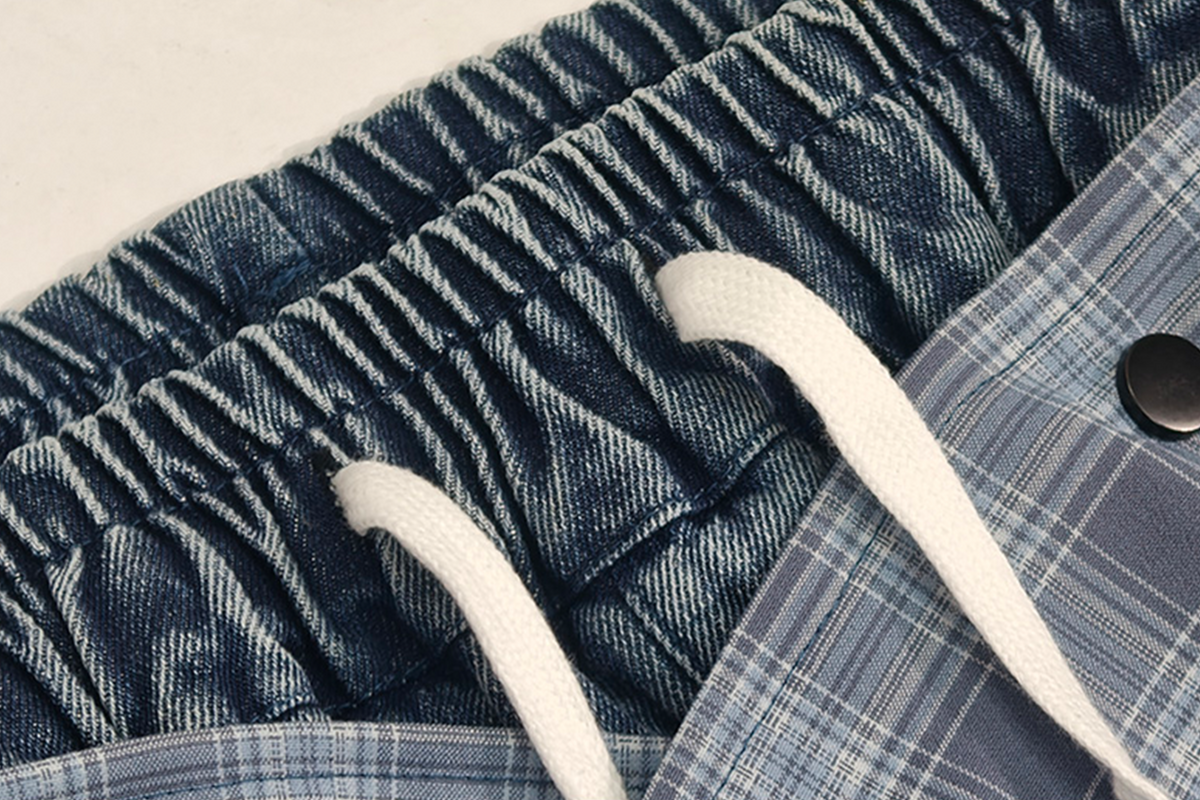 UUCSCC Distressed Layered Plaid Patch Wide-Leg Jeans