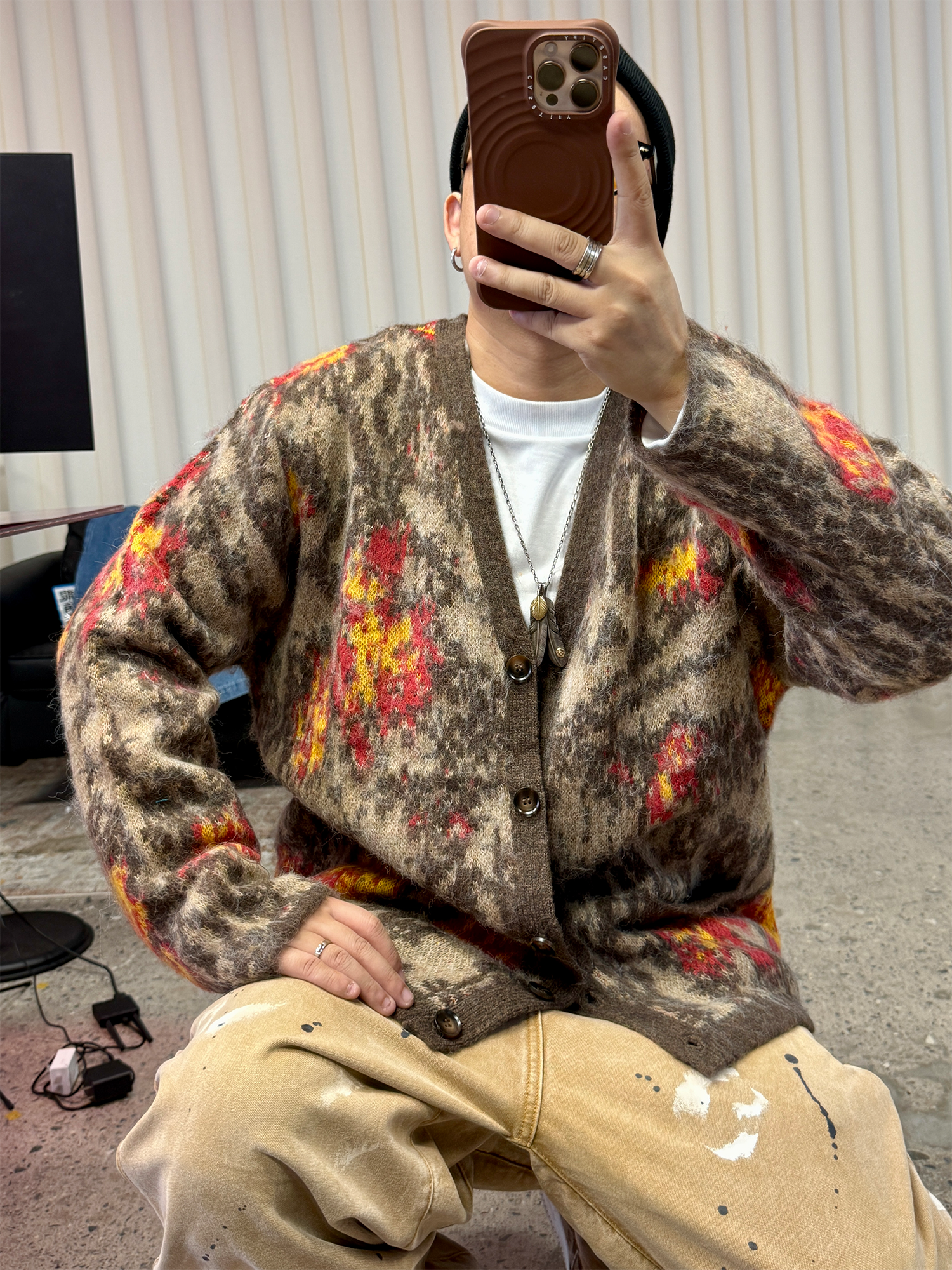 ME DA IGUAL Fuzzy Jacquard Floral Cardigan