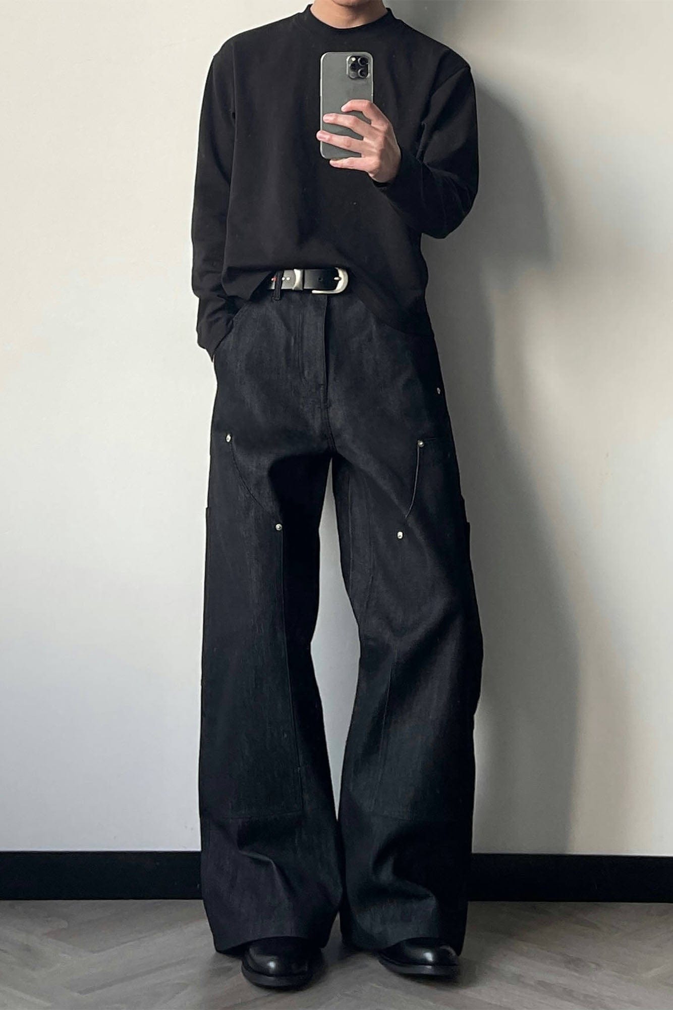 OKAYTHXBYE Paneled Double-Knee Wide-Leg Denim Pants, premium urban and streetwear designers apparel on PROJECTISR.com, OKAYTHXBYE
