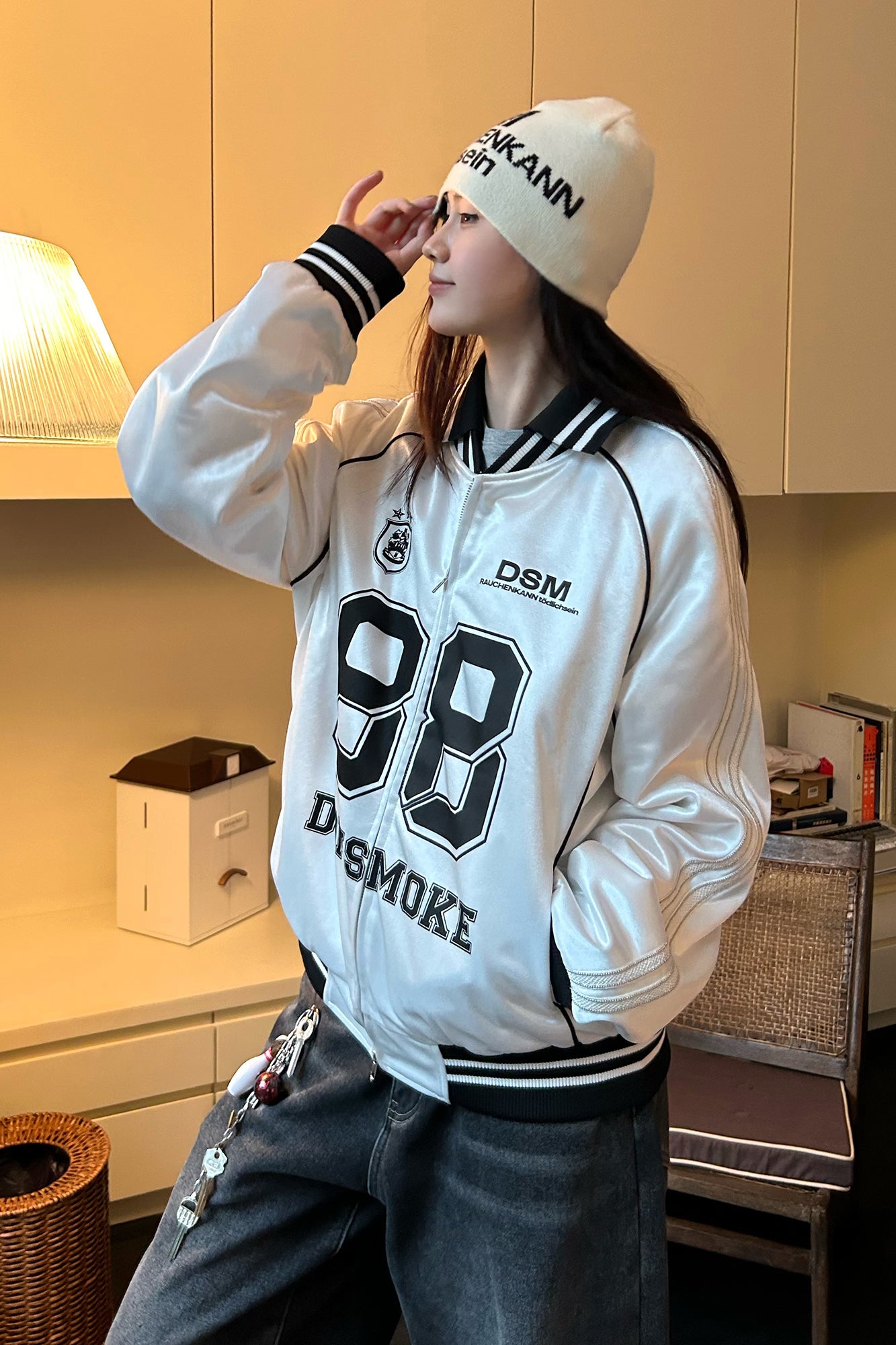 DONSMOKE Glossy Contrast Graphic Varsity Jacket