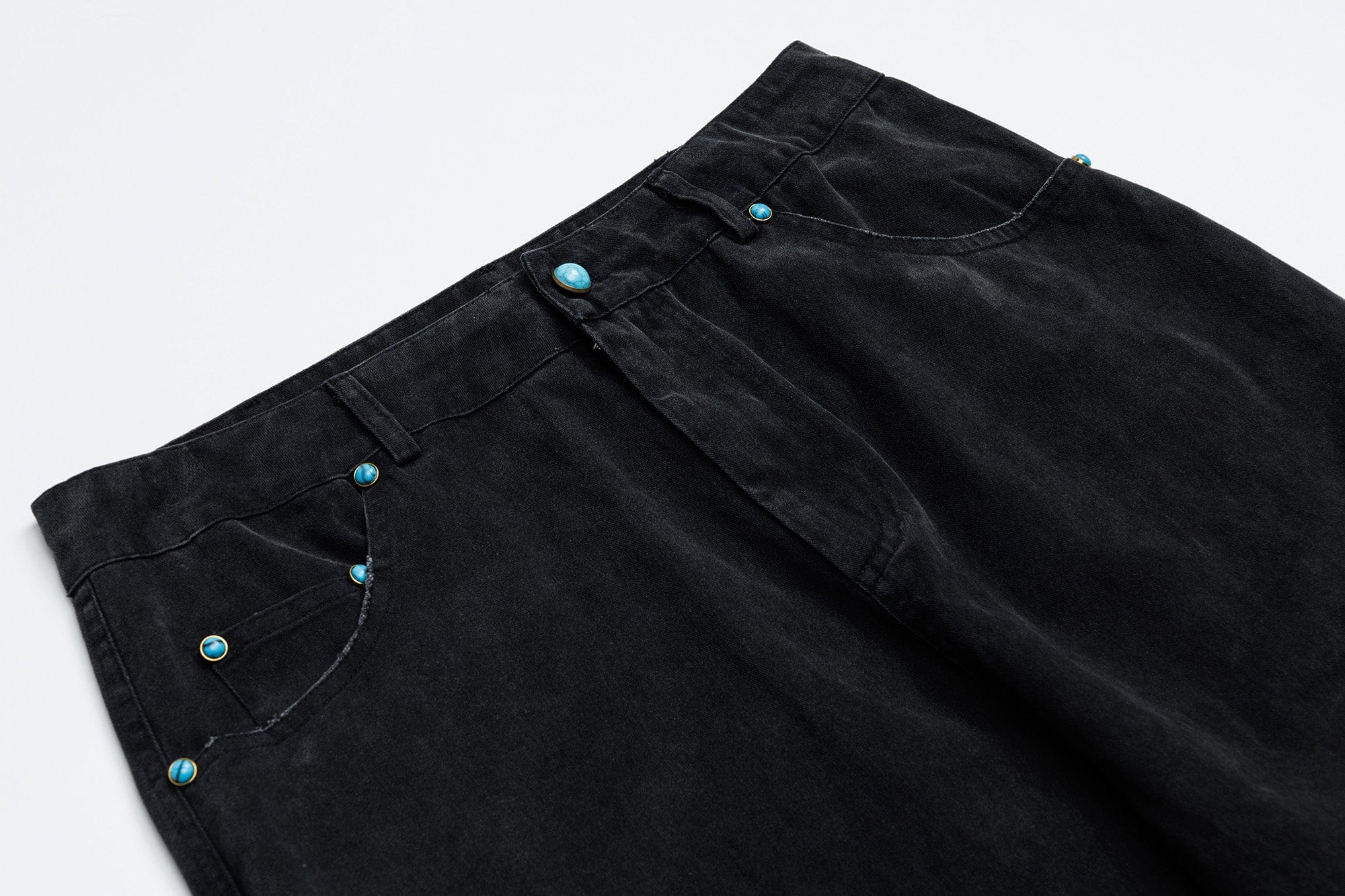 OVDY Distressed Turquoise Rivet Wide-Leg Pants, premium urban and streetwear designers apparel on PROJECTISR.com, OVDY