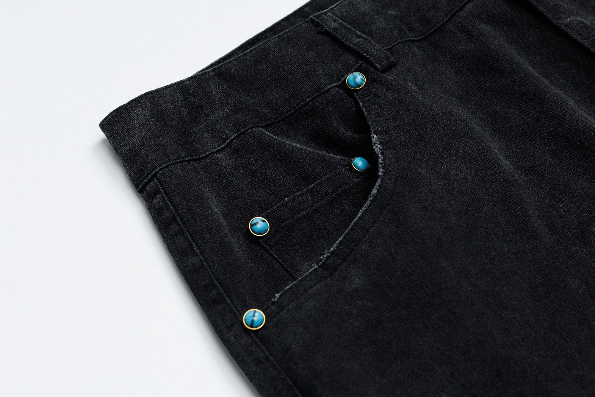 OVDY Distressed Turquoise Rivet Wide-Leg Pants, premium urban and streetwear designers apparel on PROJECTISR.com, OVDY