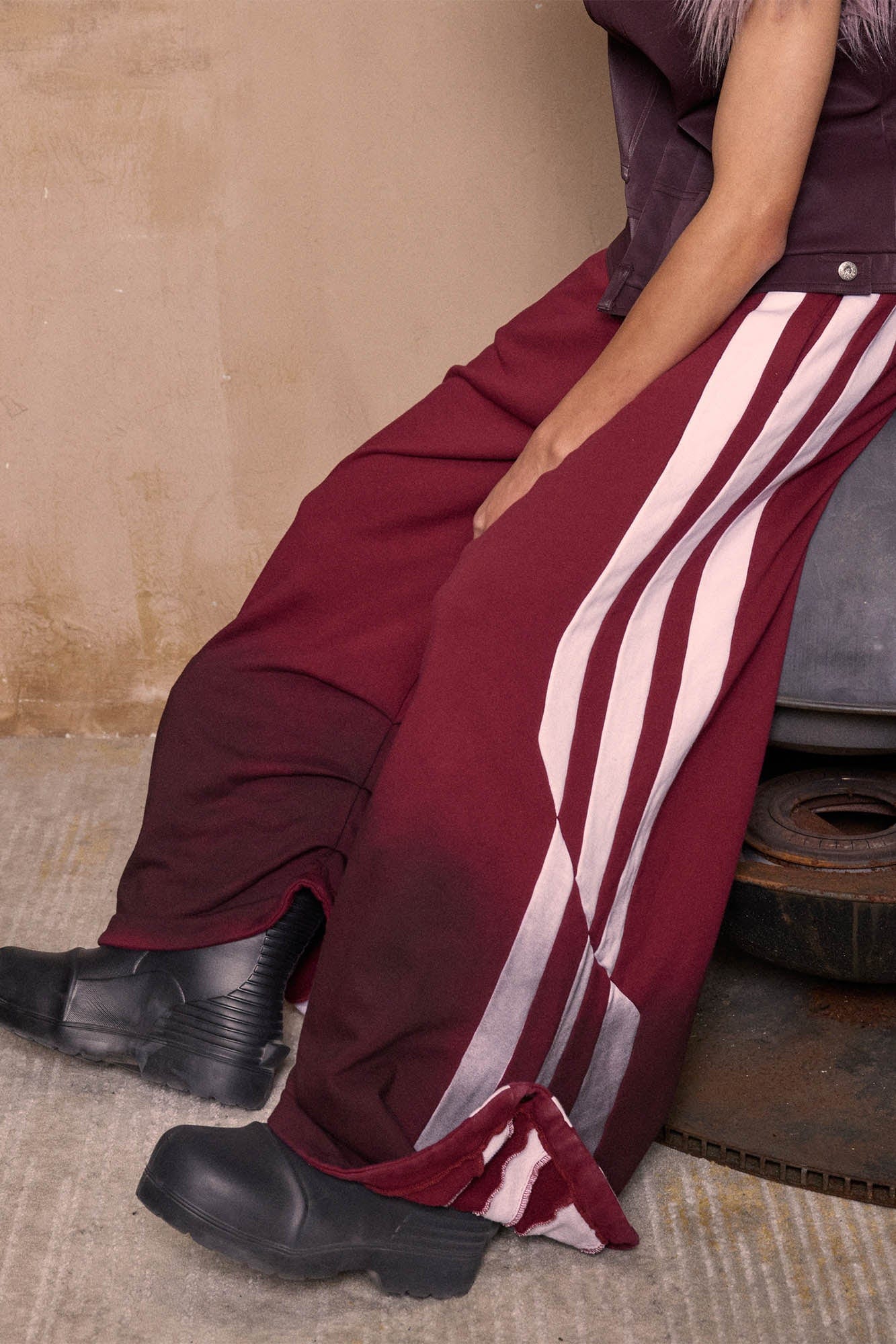 KADAKADA Distressed Three-Stripe Wide-Leg Track Pants