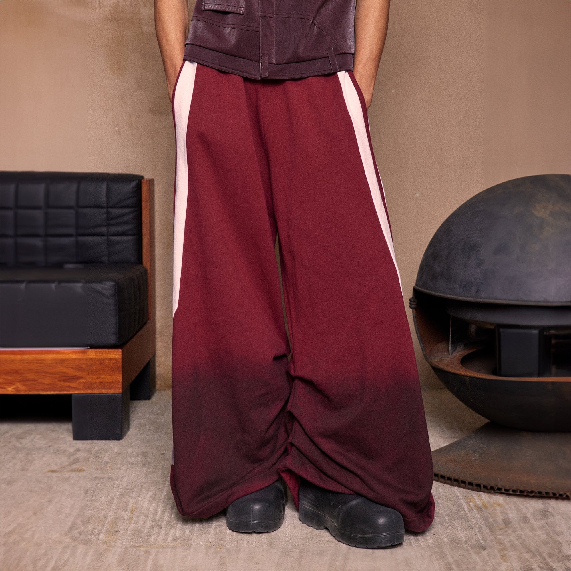 KADAKADA Distressed Three-Stripe Wide-Leg Track Pants