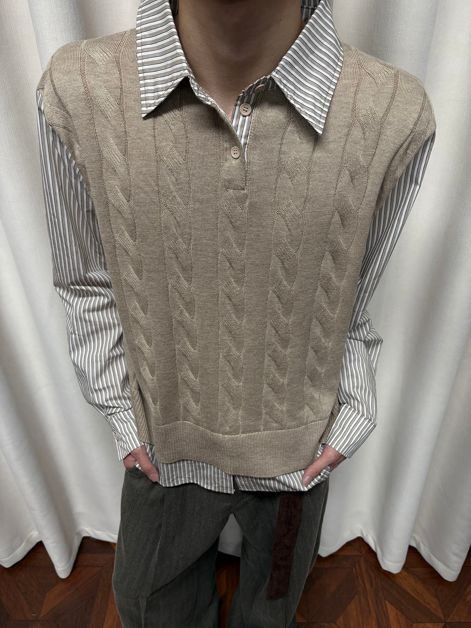 KREATE Cable Knit Vest-Layered Shirt