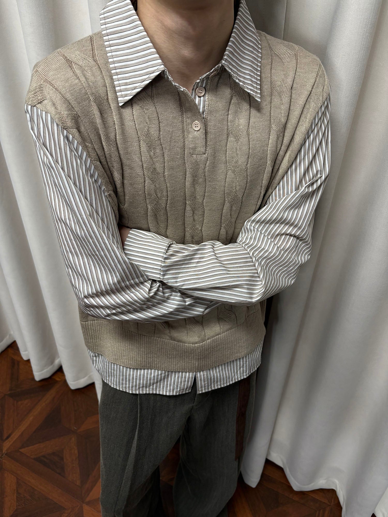 KREATE Cable Knit Vest-Layered Shirt