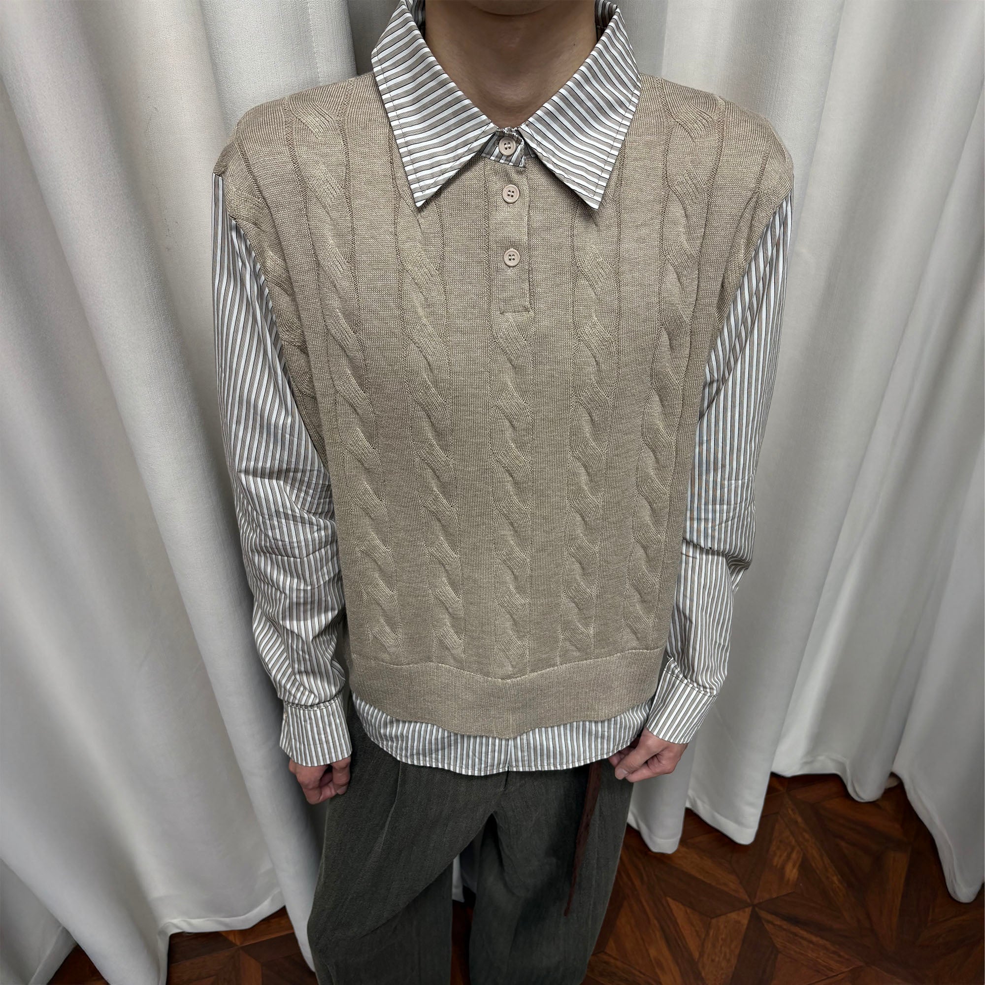 KREATE Cable Knit Vest-Layered Shirt, XL / Khaki KREATE Cable Knit Vest-Layered Shirt, XL / Khaki