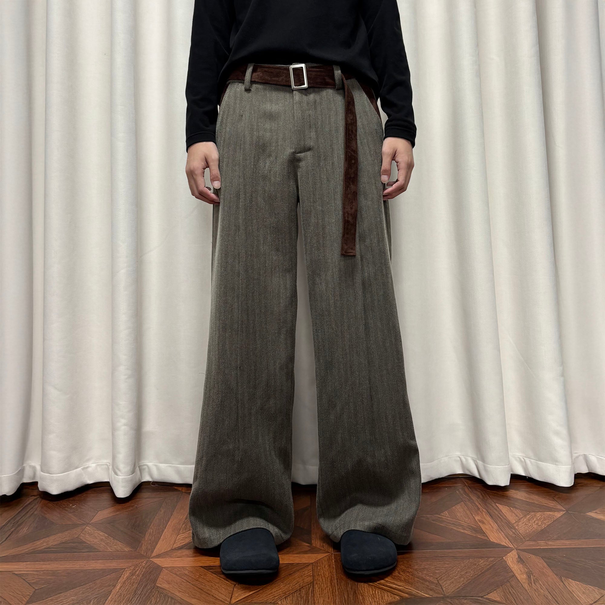 KREATE Suede Belt Striped Pleat Trousers