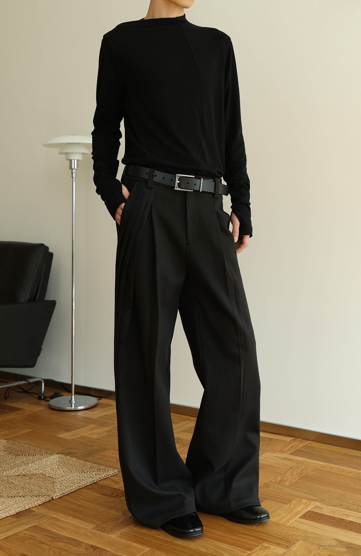 OKAYTHXBYE Pleated Paneled Wide-Leg Wool-Blend Trousers