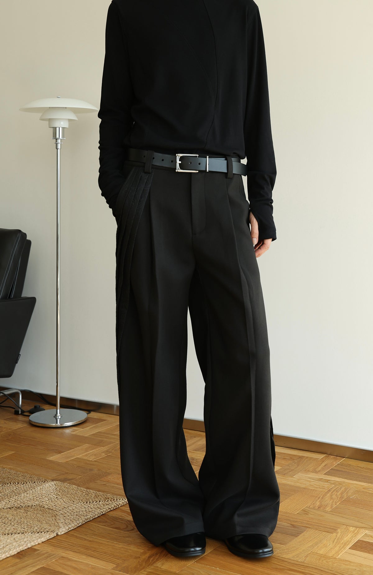 OKAYTHXBYE Pleated Paneled Wide-Leg Wool-Blend Trousers