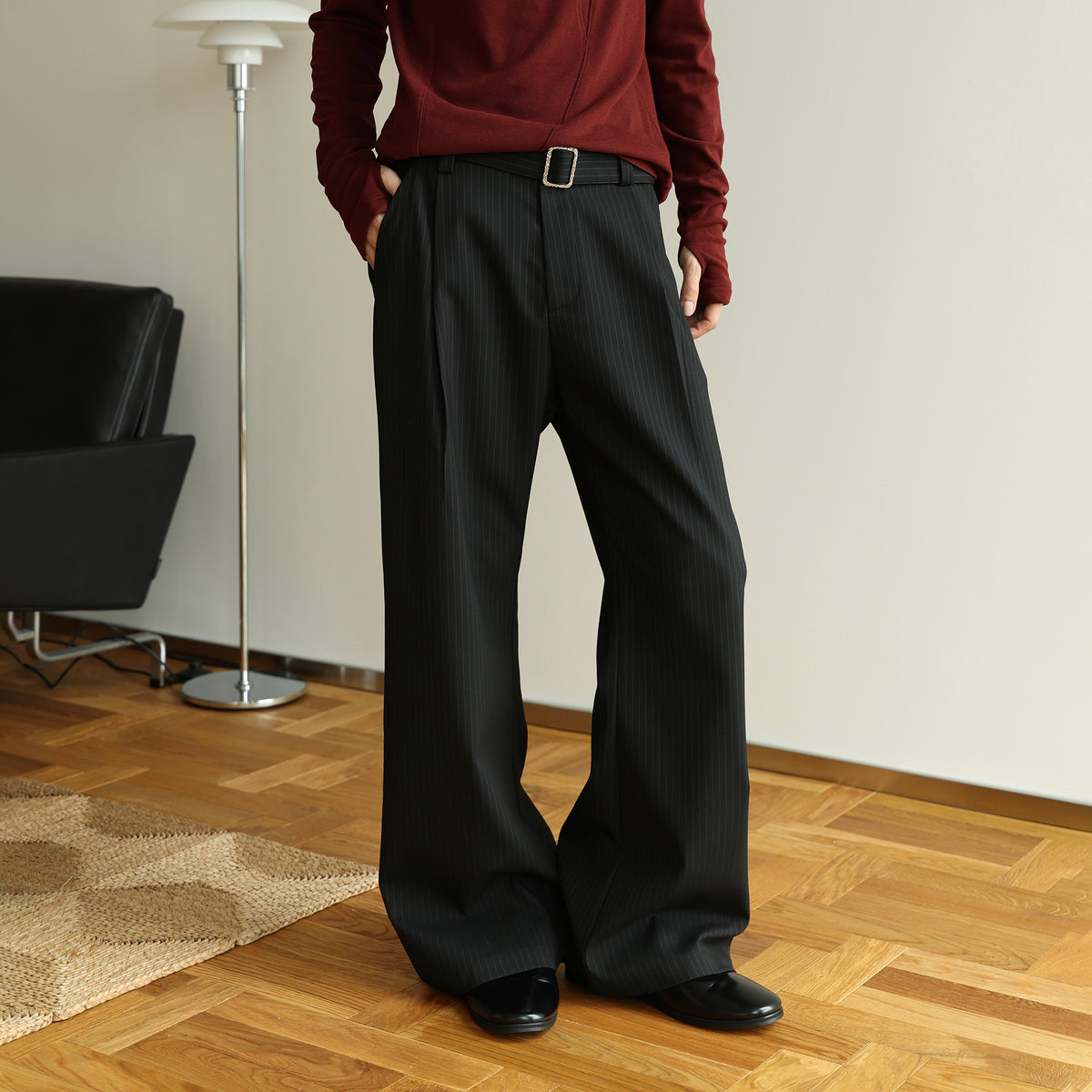 OKAYTHXBYE Striped Embroidered Belted Straight-Leg Trousers