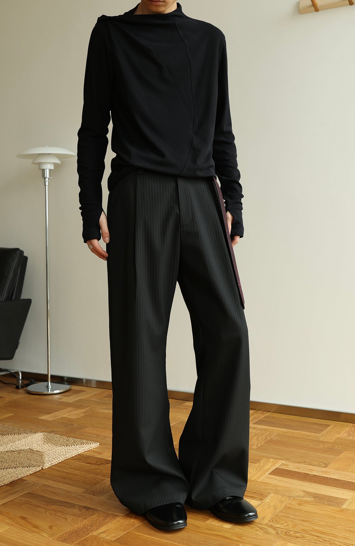 OKAYTHXBYE Striped Embroidered Belted Straight-Leg Trousers