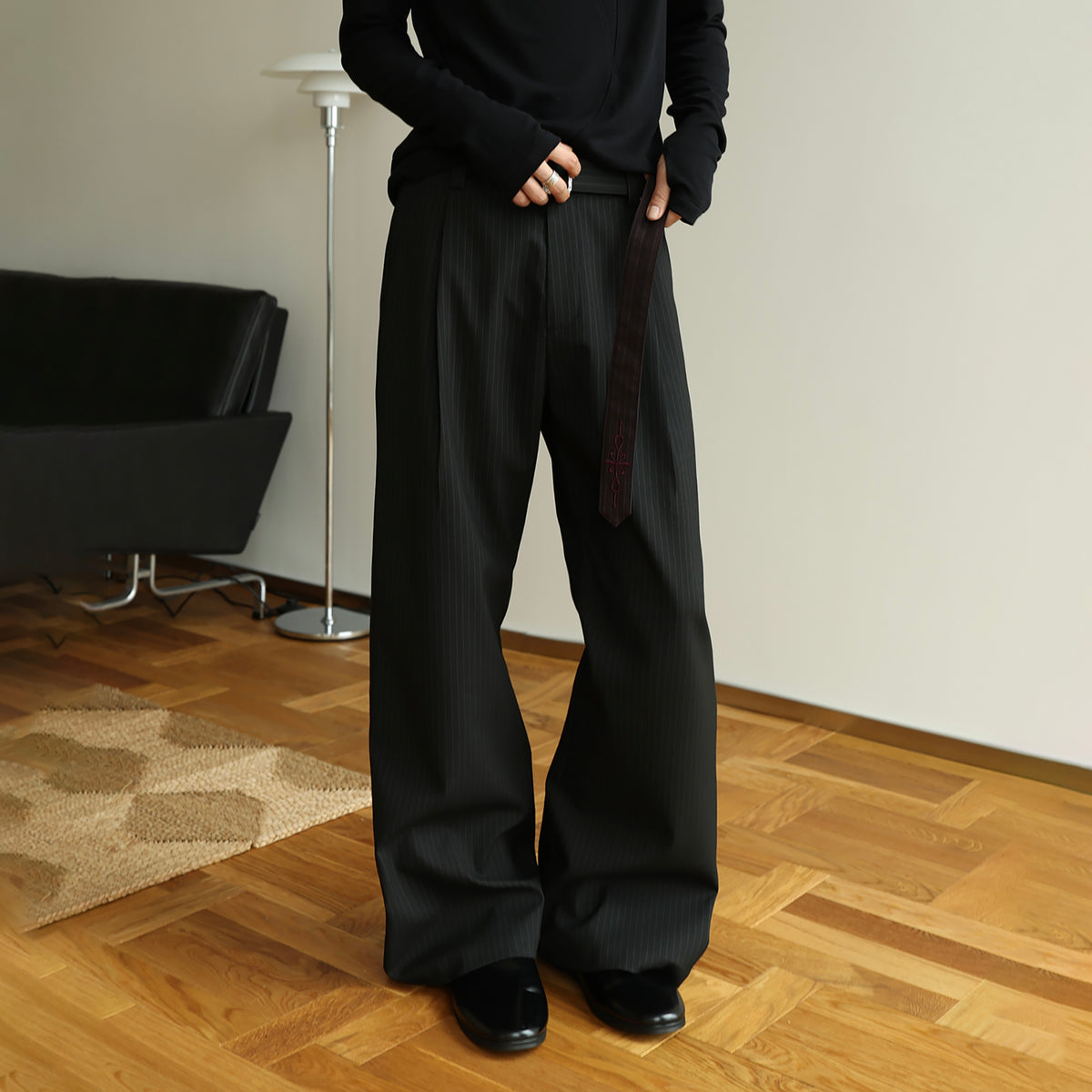 OKAYTHXBYE Striped Embroidered Belted Straight-Leg Trousers