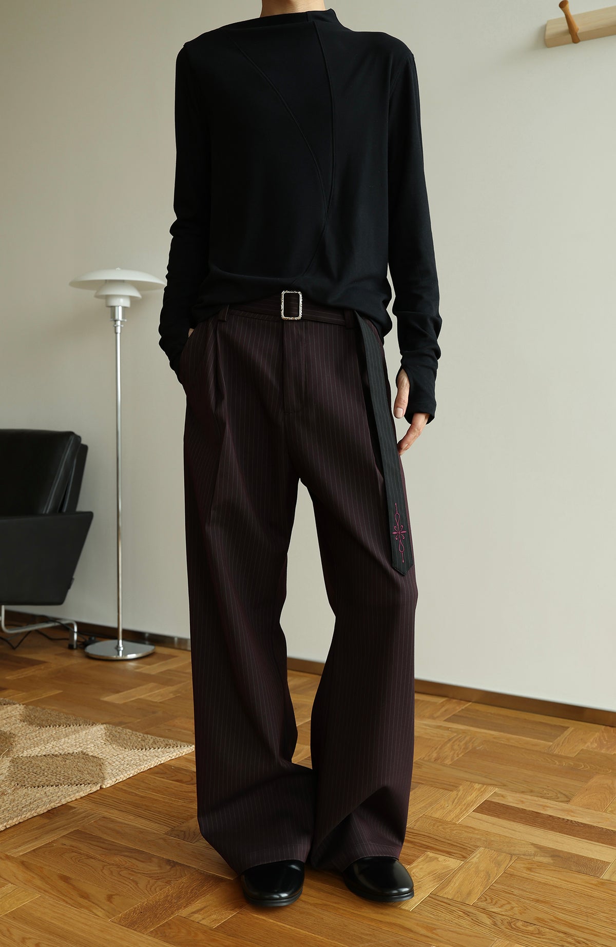 OKAYTHXBYE Striped Embroidered Belted Straight-Leg Trousers