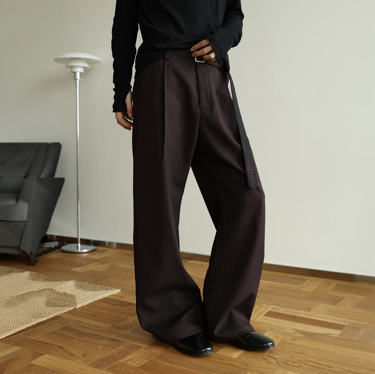 OKAYTHXBYE Striped Embroidered Belted Straight-Leg Trousers