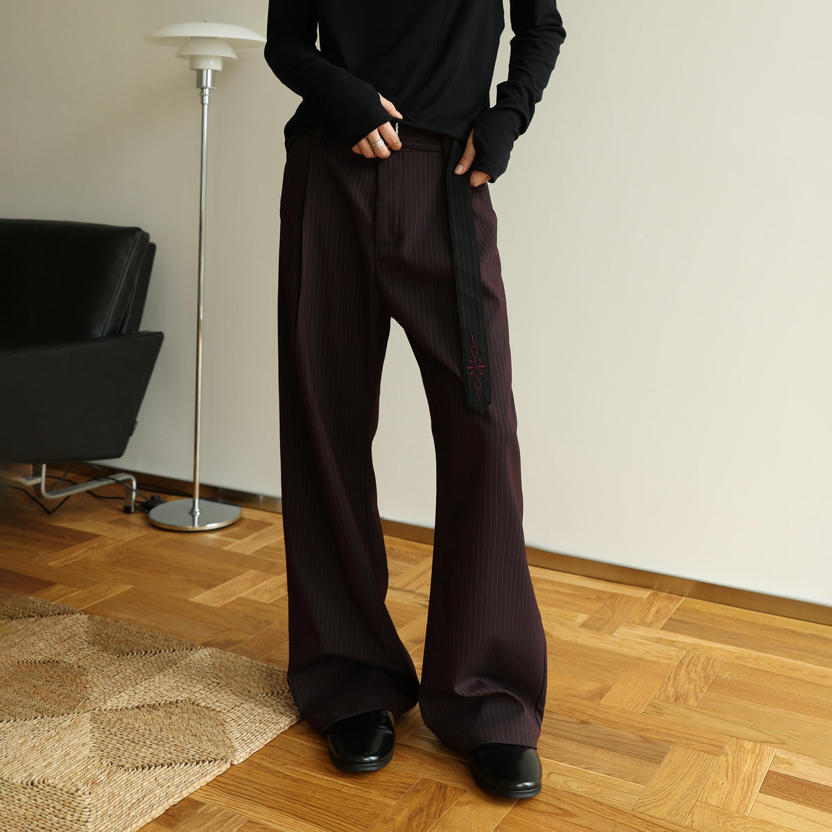 OKAYTHXBYE Striped Embroidered Belted Straight-Leg Trousers