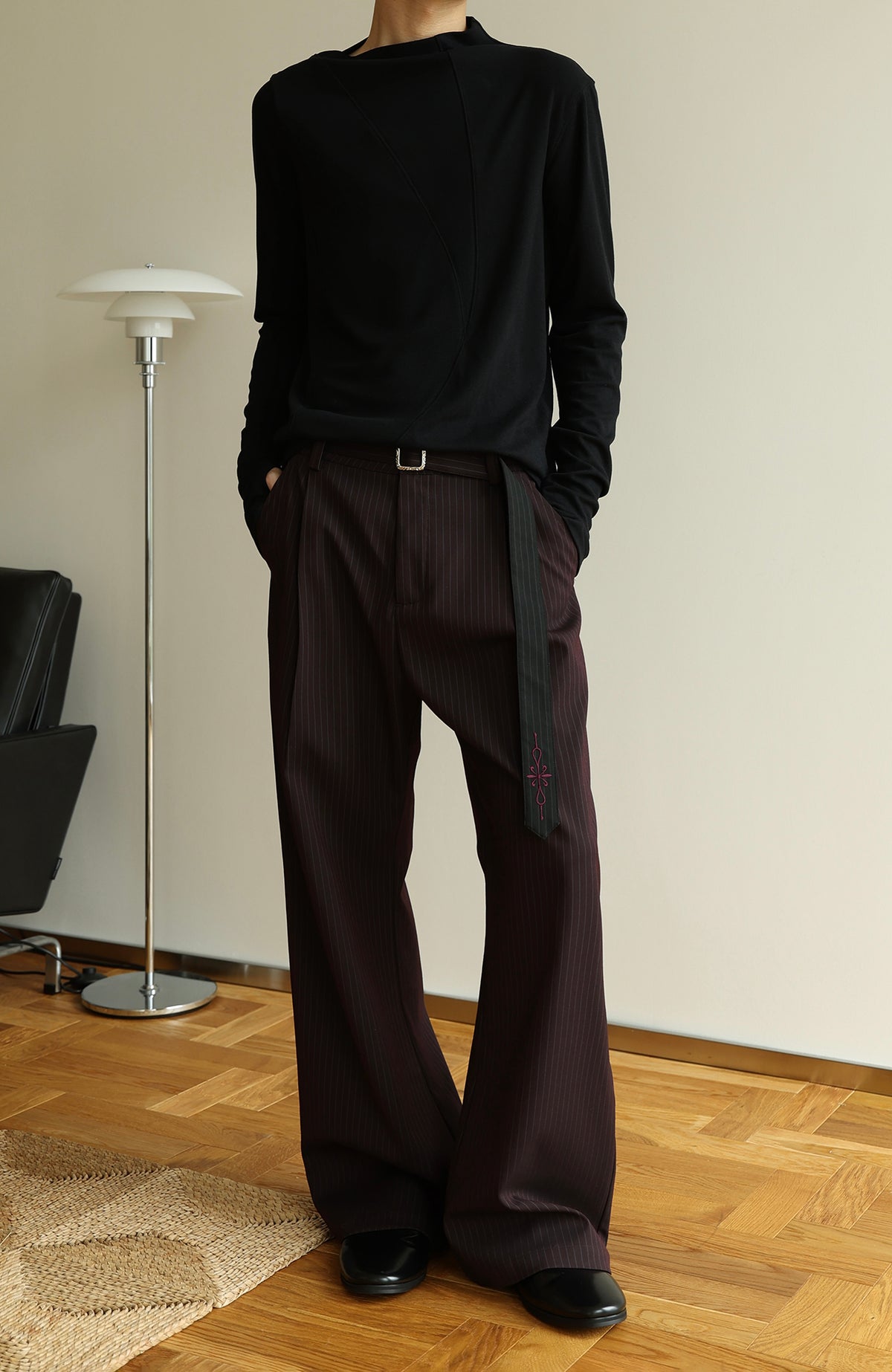 OKAYTHXBYE Striped Embroidered Belted Straight-Leg Trousers