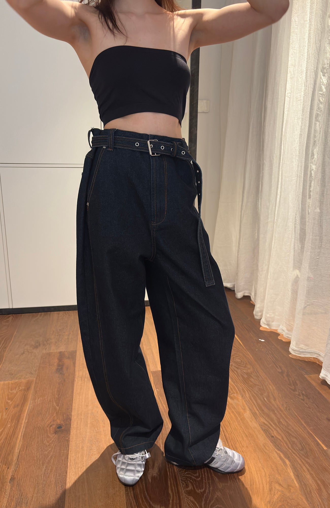 MIICHOUS Belted Curved-Leg Embroidered Raw Denim, premium urban and streetwear designers apparel on PROJECTISR.com, MIICHOUS