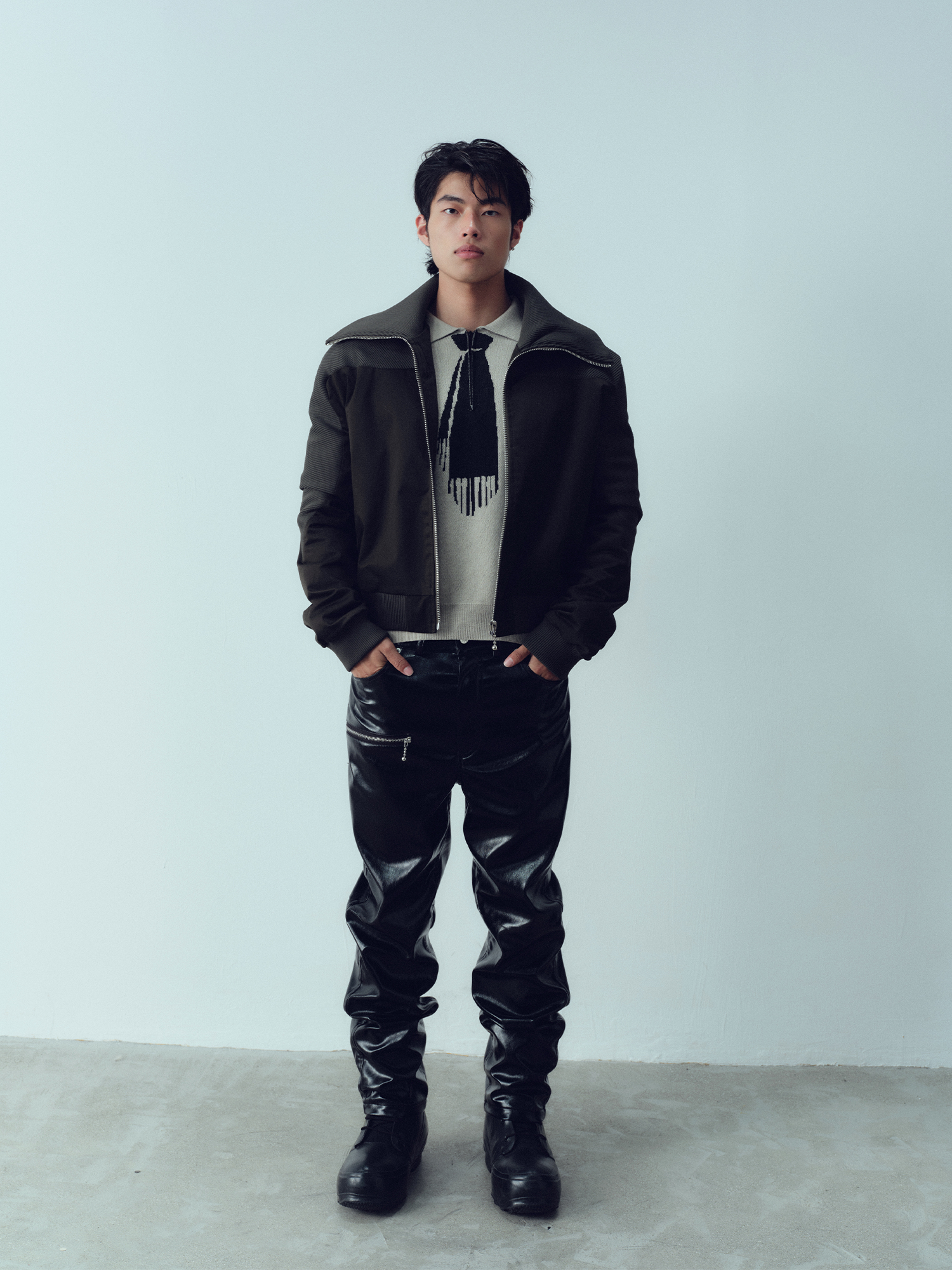 KADAKADA Rib-Spliced Stand-Collar Cropped Jacket