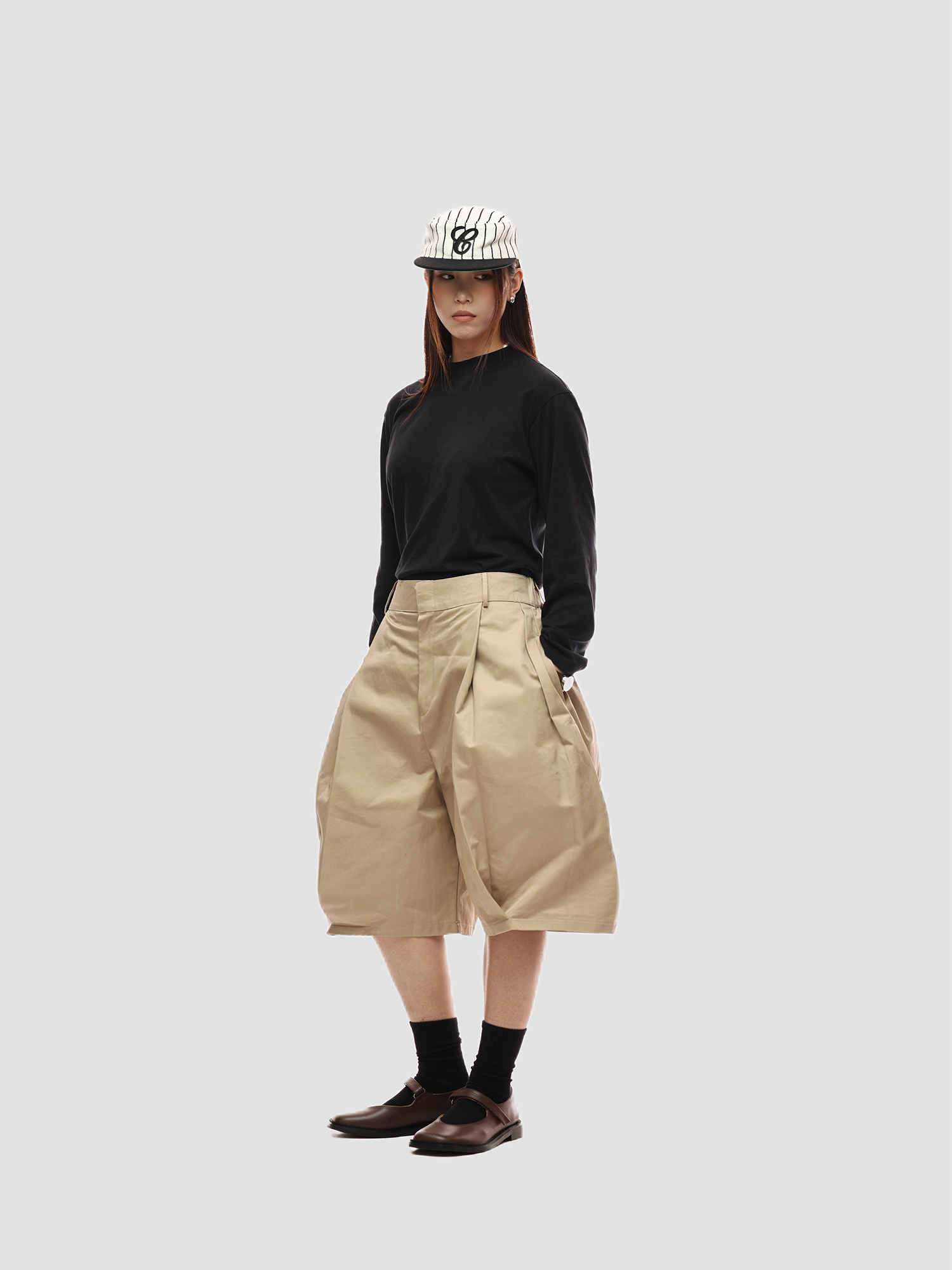 6CRAYON Retro Double-Pleat Wide-Leg Shorts Khaki