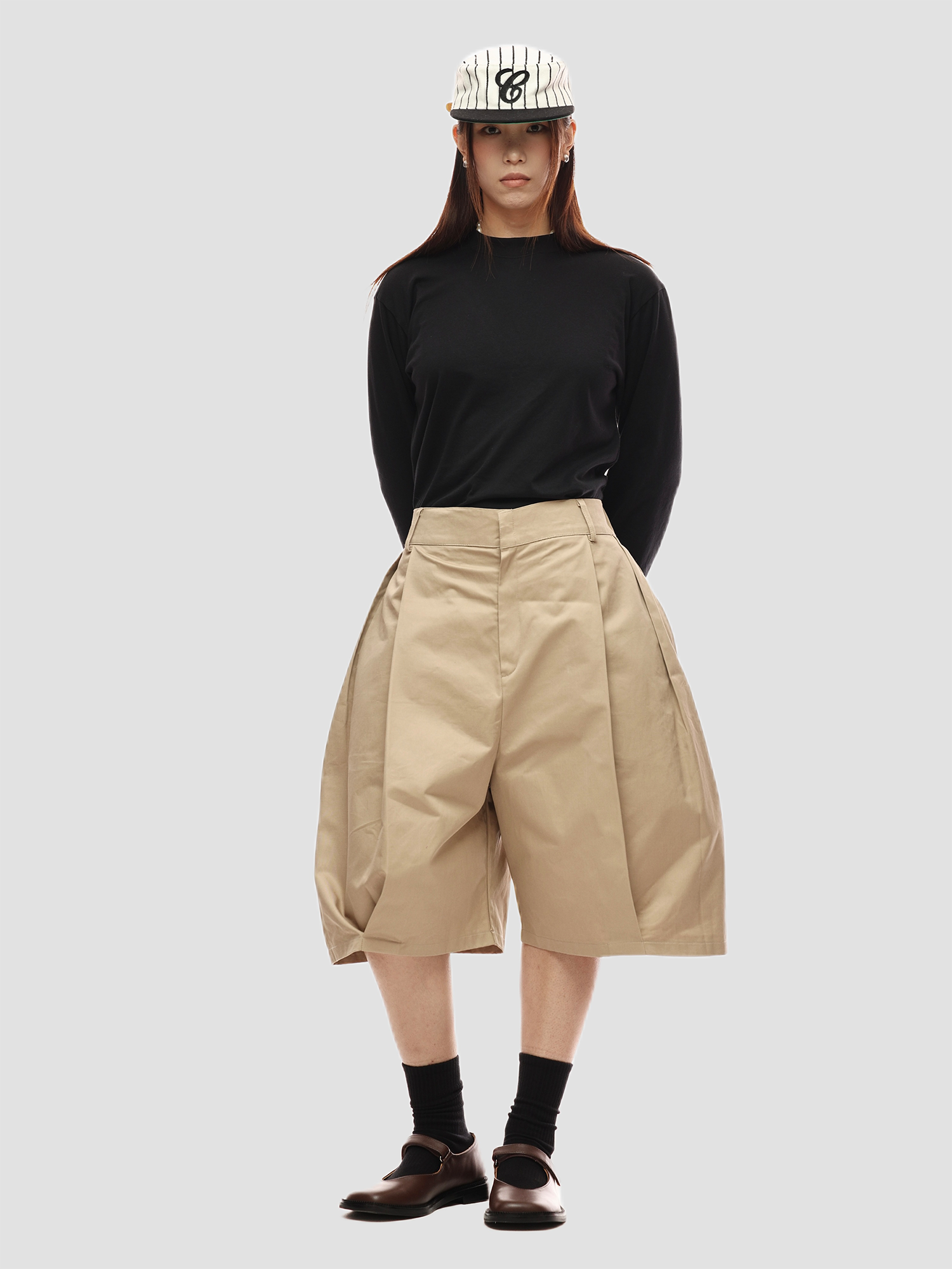 6CRAYON Retro Double-Pleat Wide-Leg Shorts Khaki