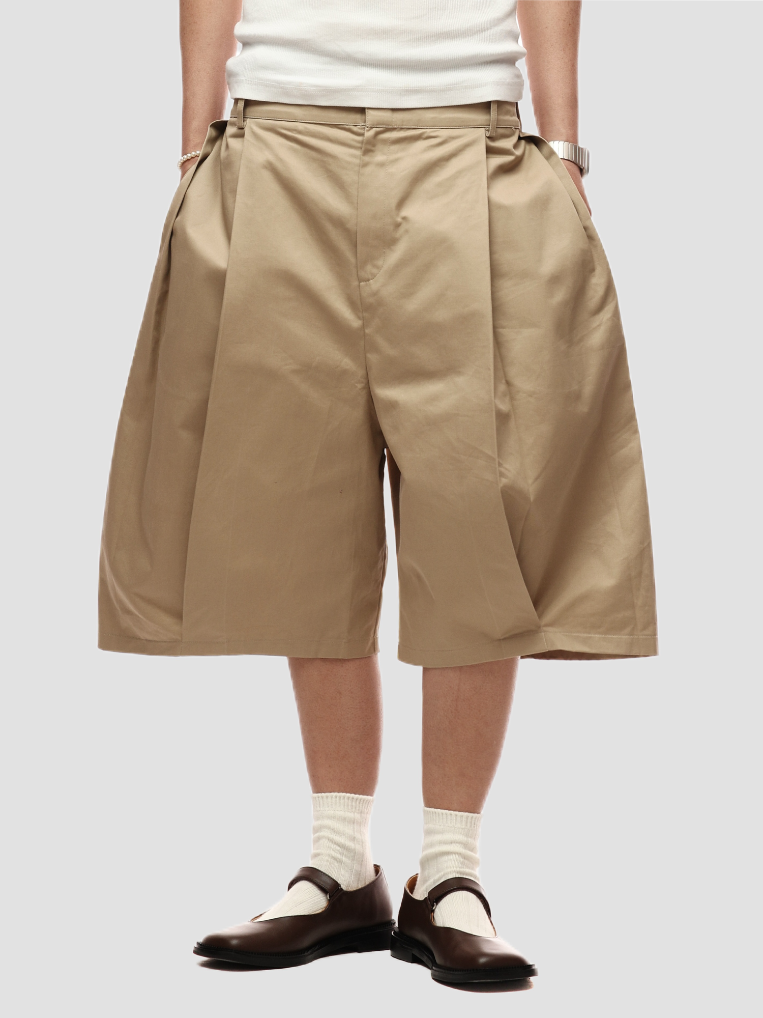 6CRAYON Retro Double-Pleat Wide-Leg Shorts Khaki
