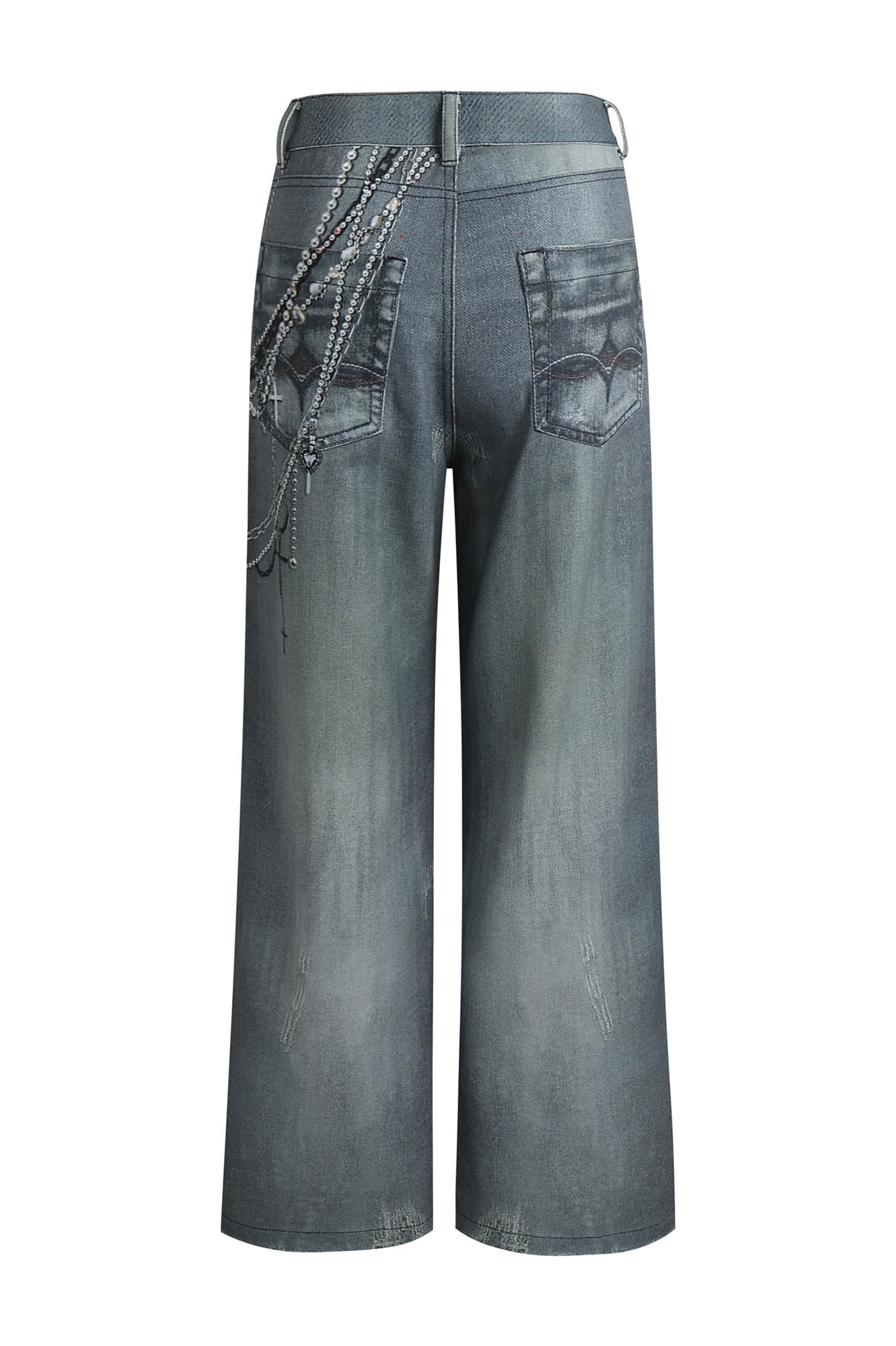 DND4DESxFaychui Pearl Chain Graphics Distressed Flared Jeans