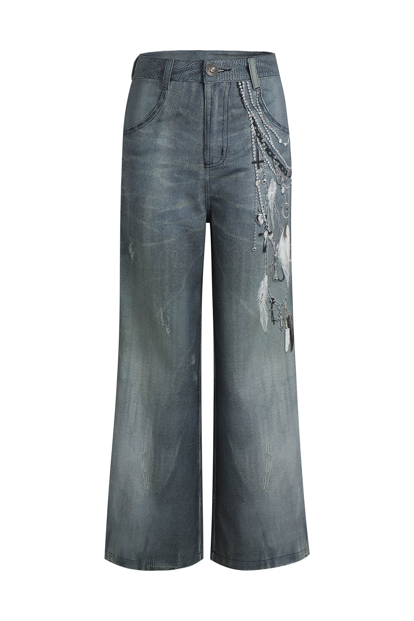 DND4DESxFaychui Pearl Chain Graphics Distressed Flared Jeans