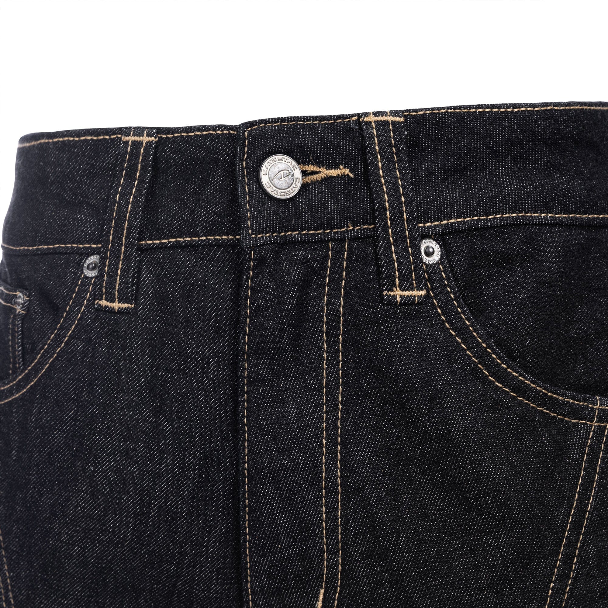 CATSSTAC Curved Panel Stitch Straight-Leg Raw Jeans, premium urban and streetwear designers apparel on PROJECTISR.com, CATSSTAC