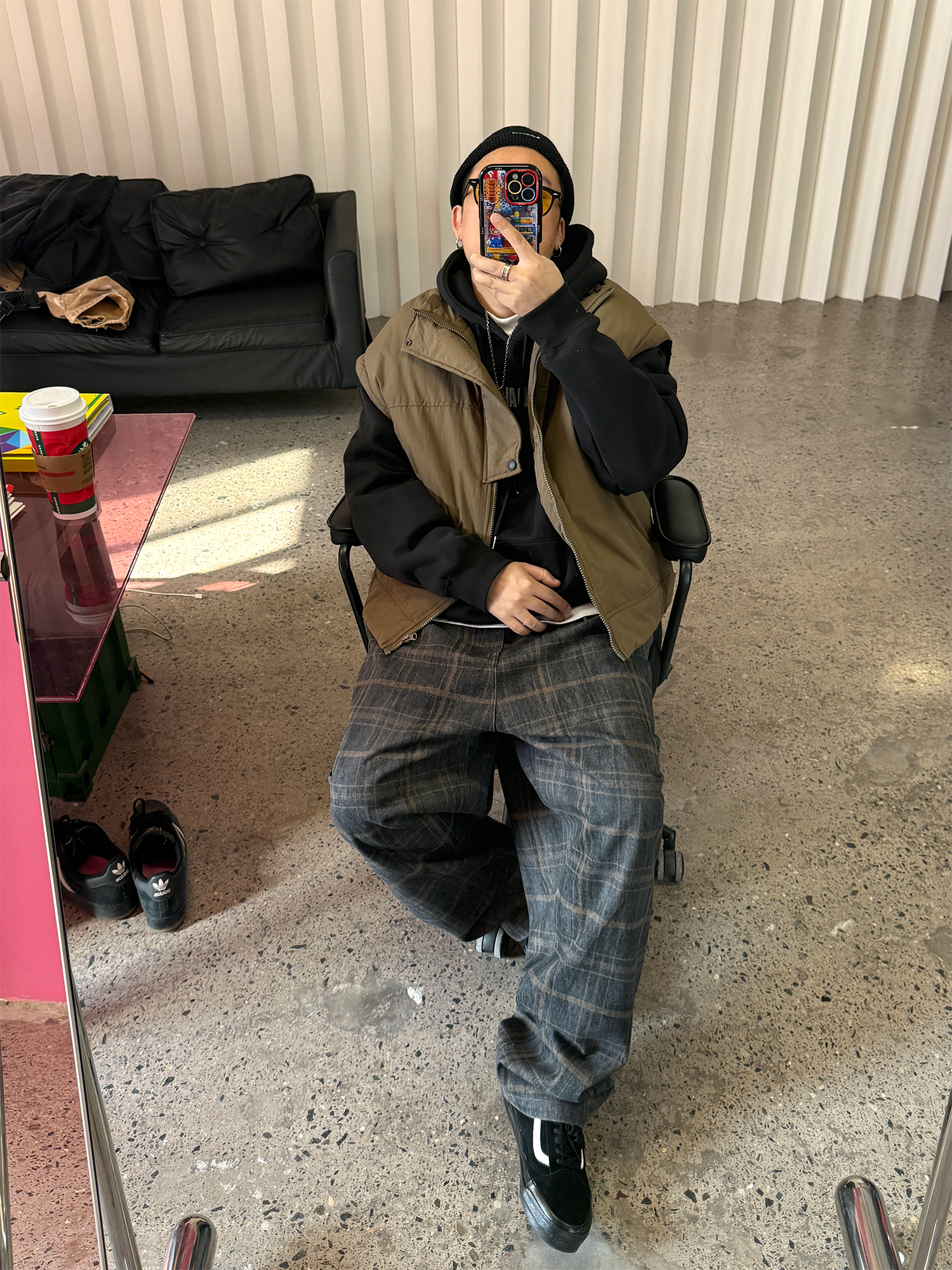 ME DA IGUAL Washed Plaid Tappered Pants Coffee