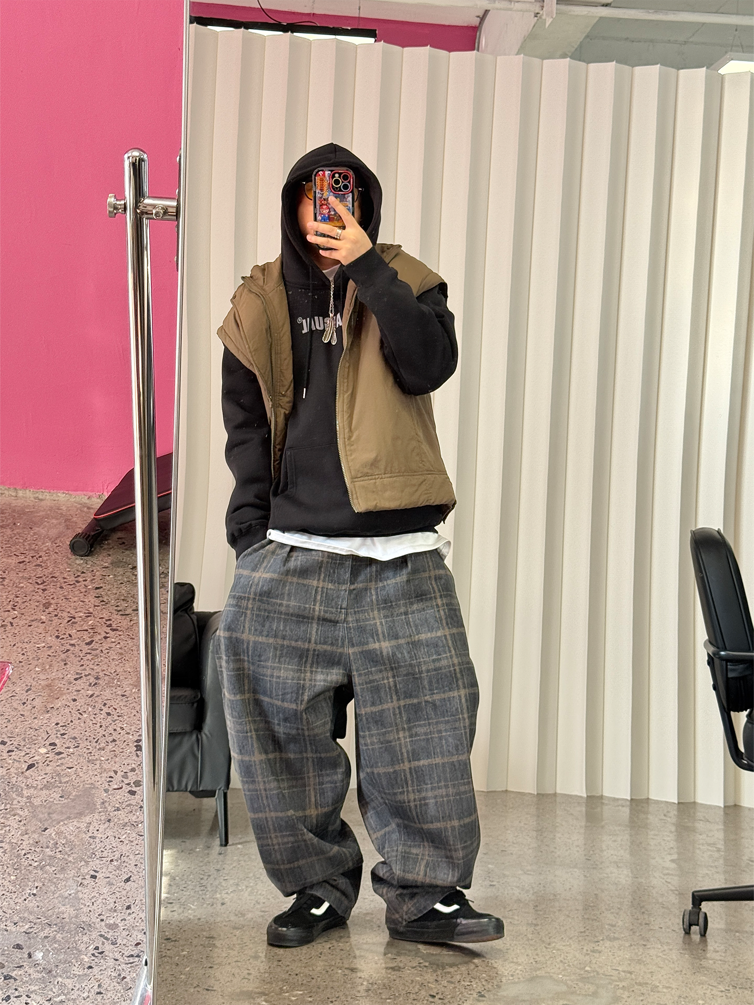 ME DA IGUAL Washed Plaid Tappered Pants Coffee