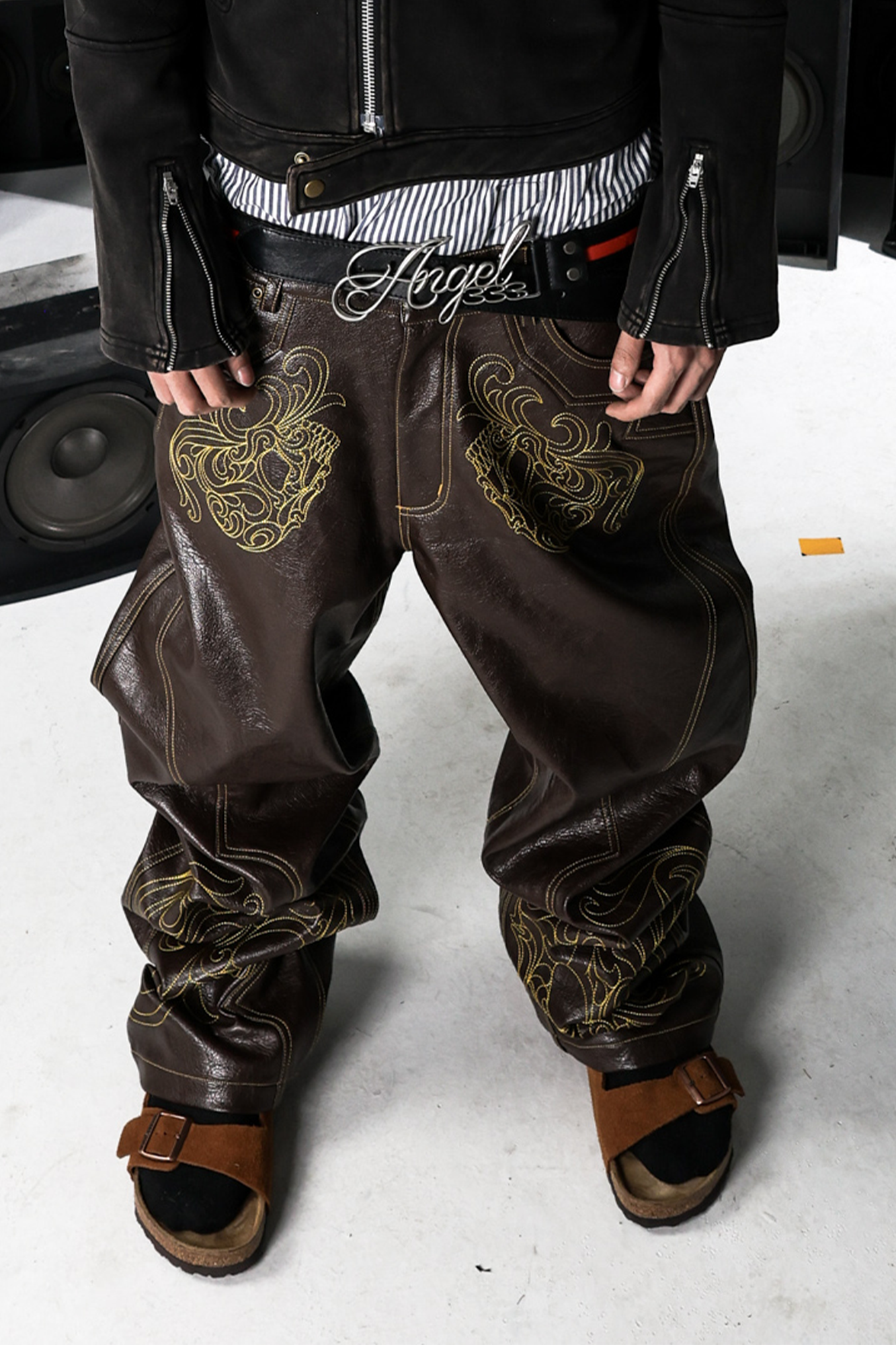 PCCVISION Gothic Skull Stitch PU Pants Brown