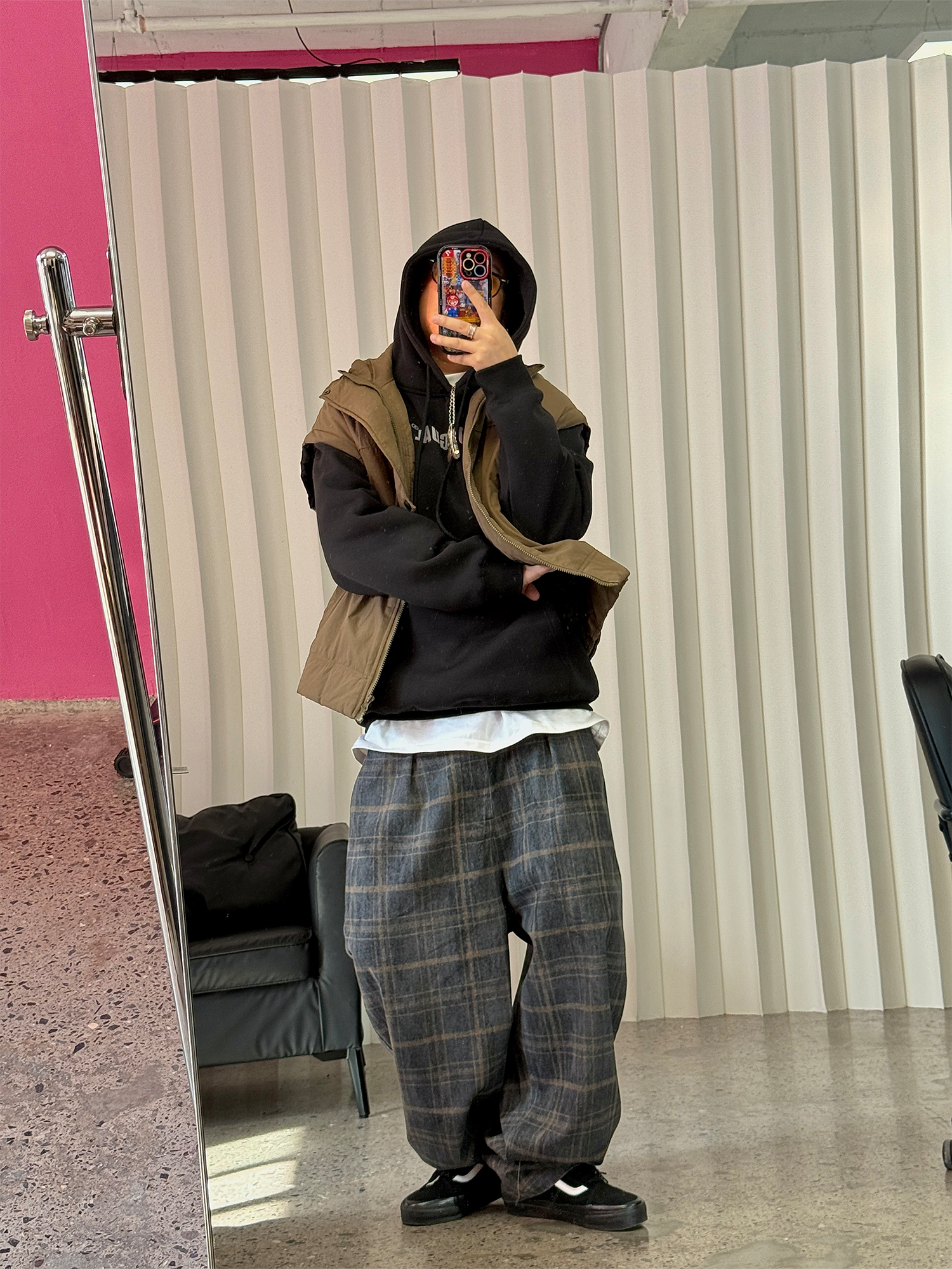 ME DA IGUAL Washed Plaid Tappered Pants Coffee