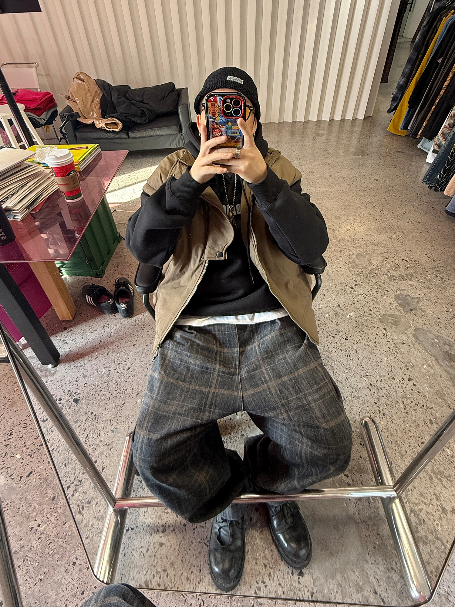 ME DA IGUAL Washed Plaid Tappered Pants Coffee