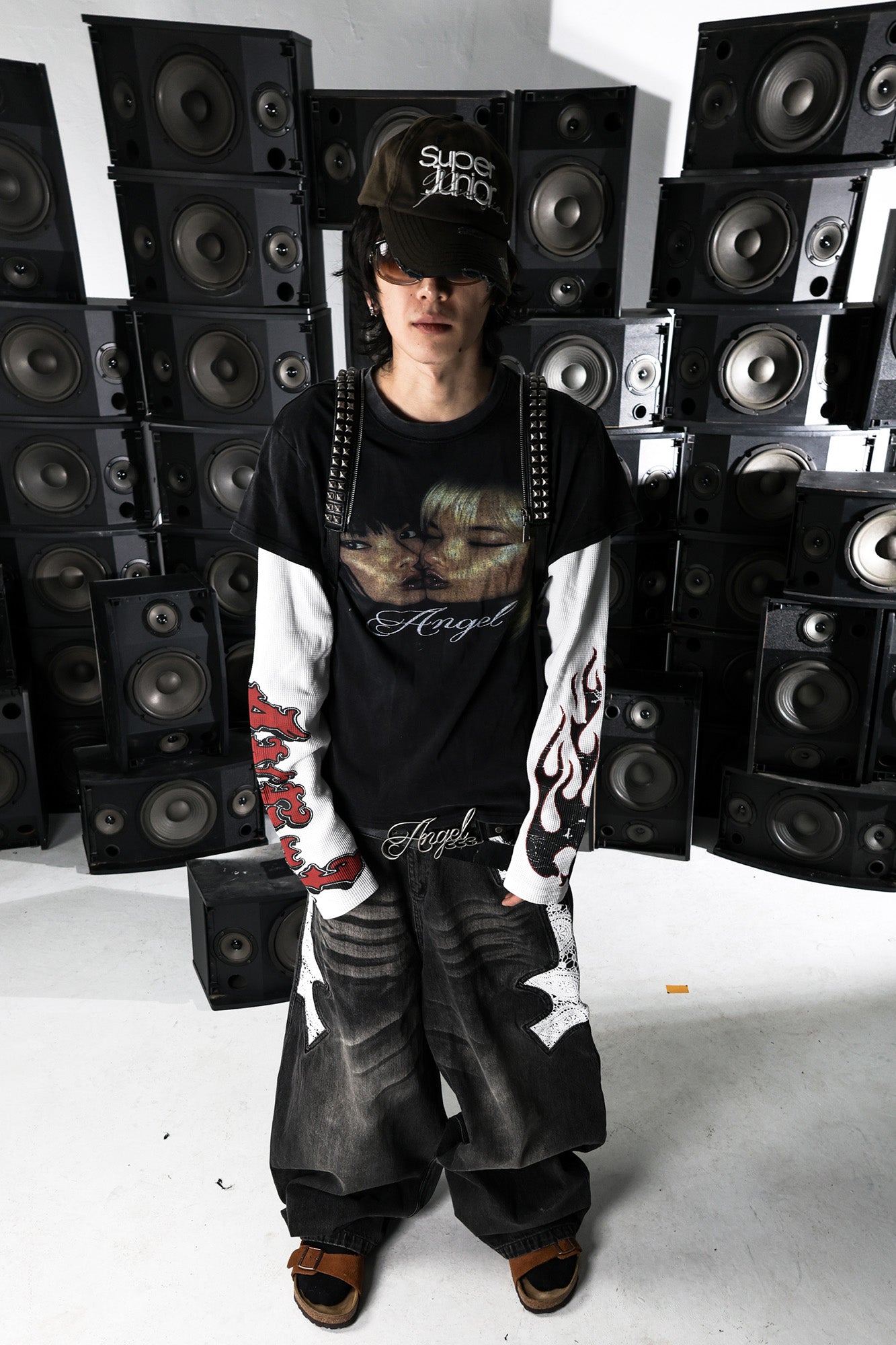 PCCVISION Lace Spliced Washed Wide-Leg Jeans