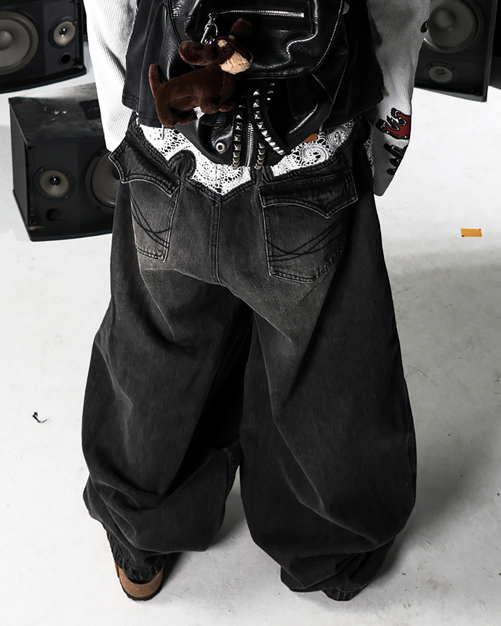 PCCVISION Lace Spliced Washed Wide-Leg Jeans