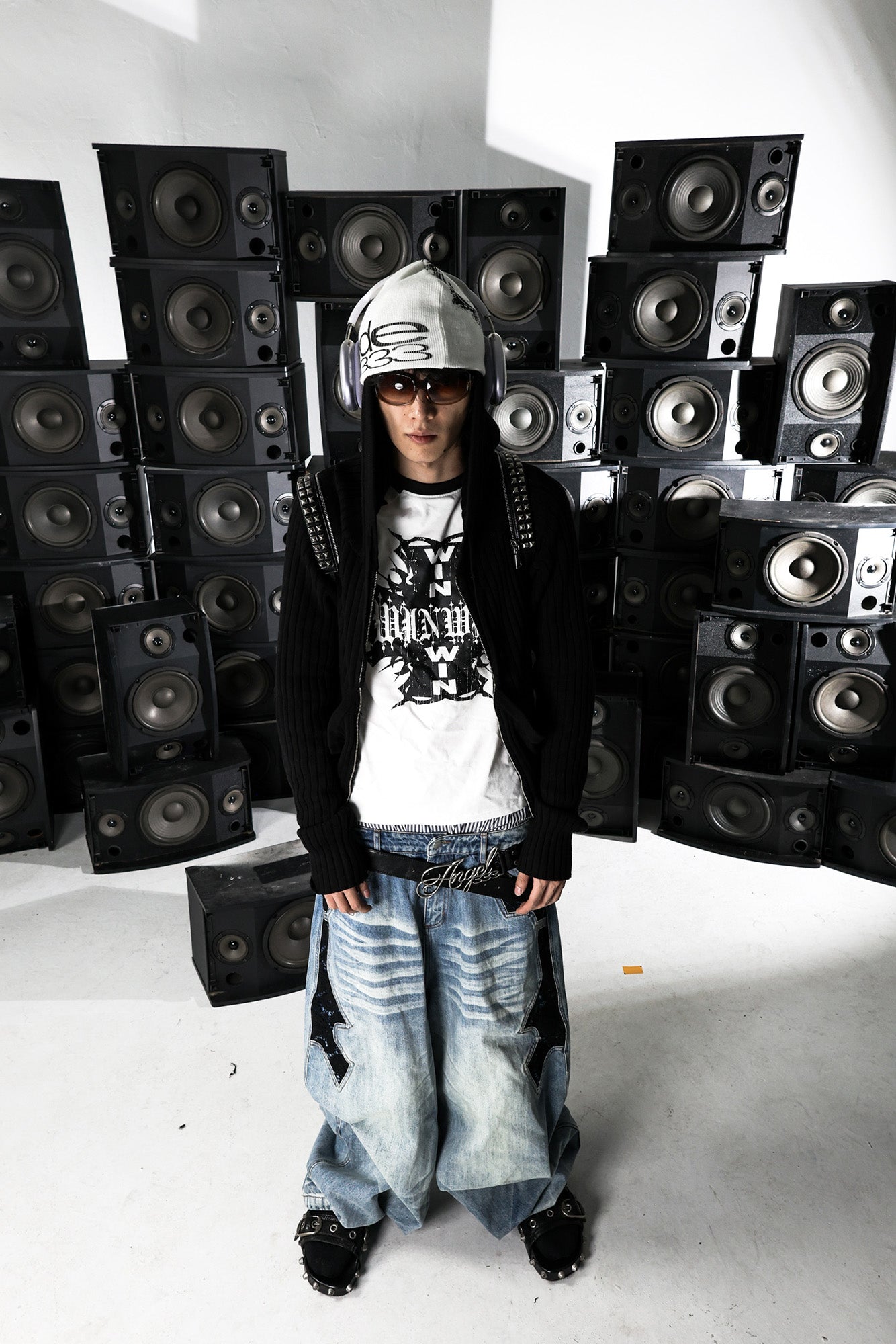 PCCVISION Lace Spliced Washed Wide-Leg Jeans