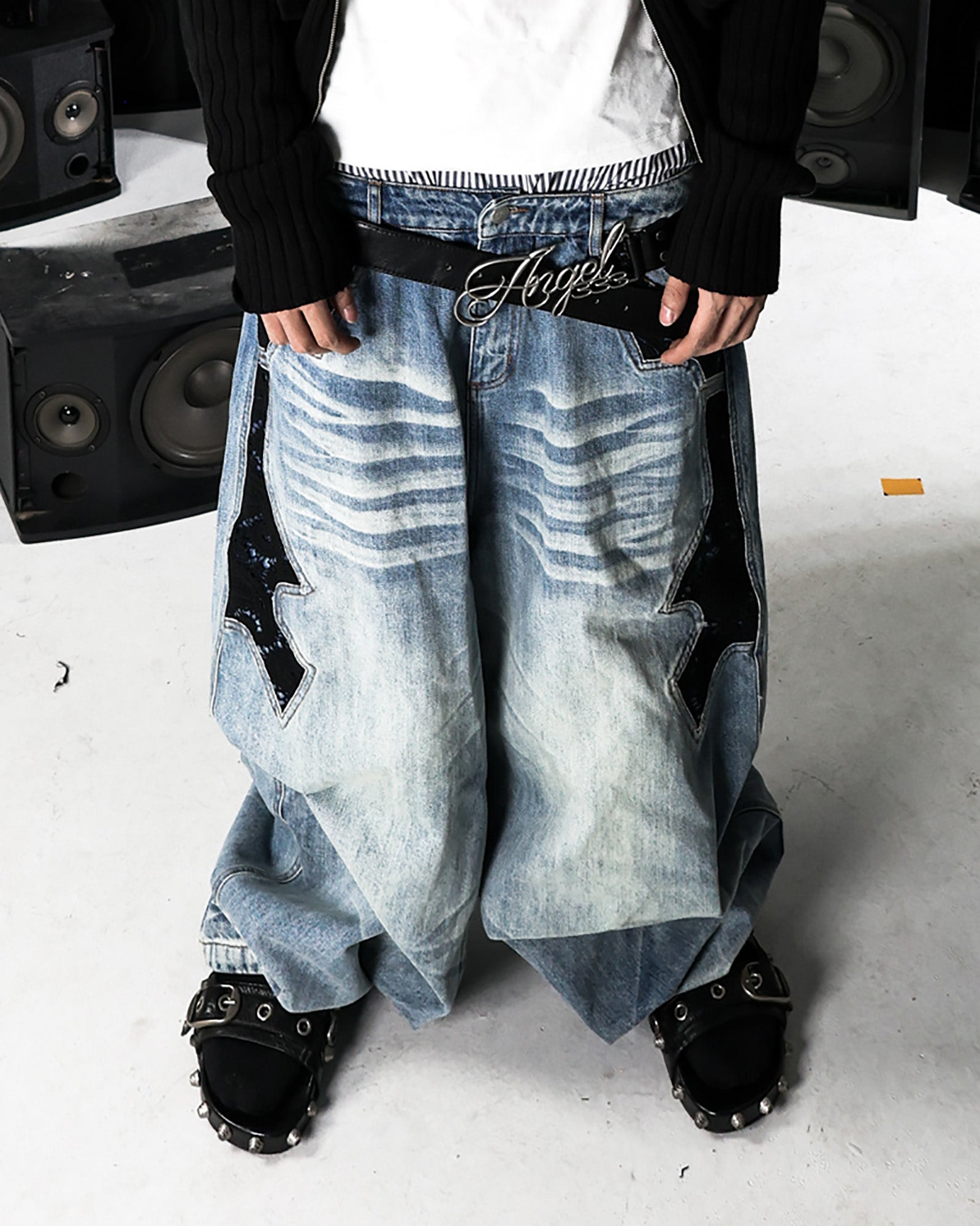 PCCVISION Lace Spliced Washed Wide-Leg Jeans