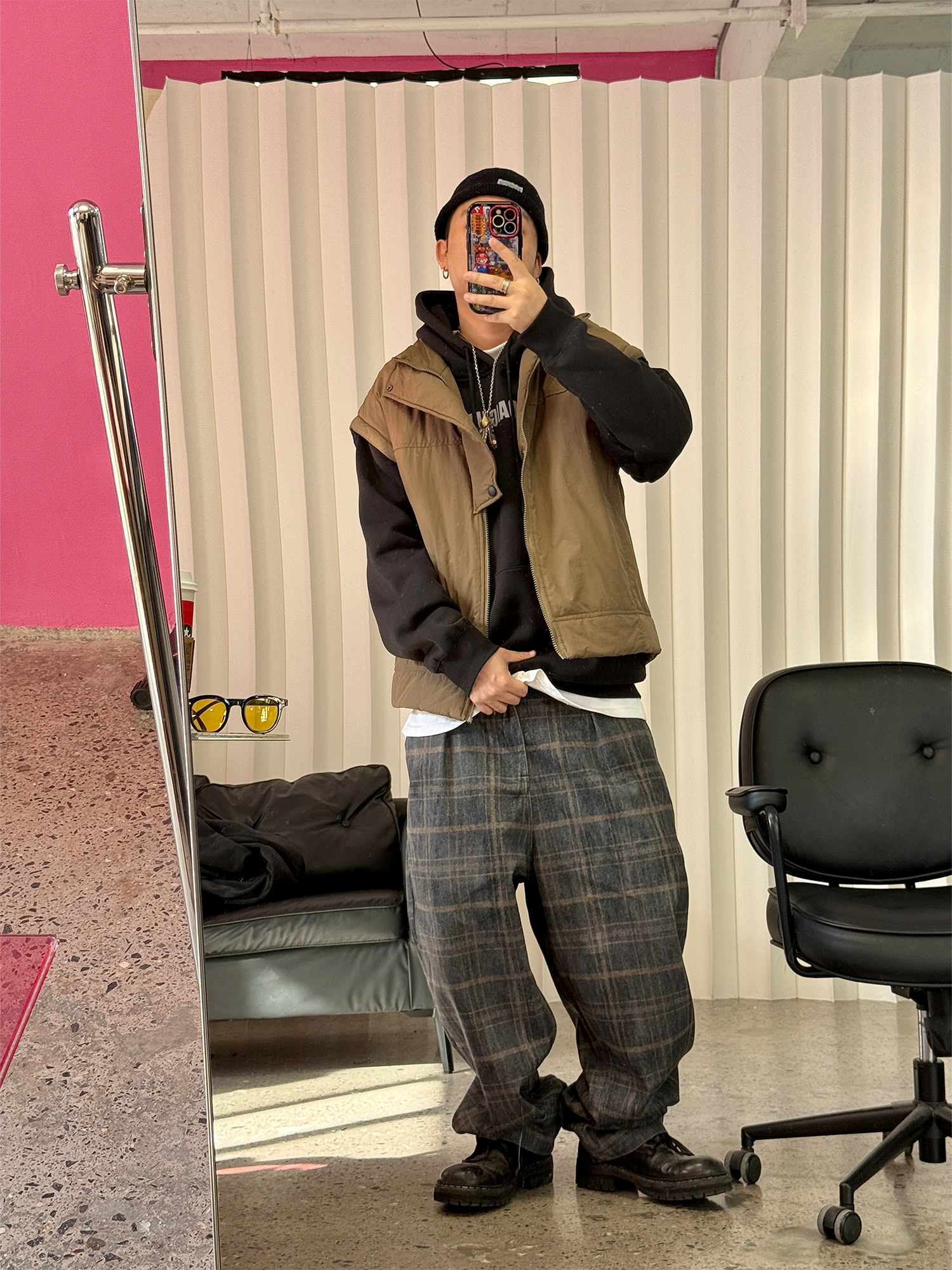 ME DA IGUAL Washed Plaid Tappered Pants Coffee