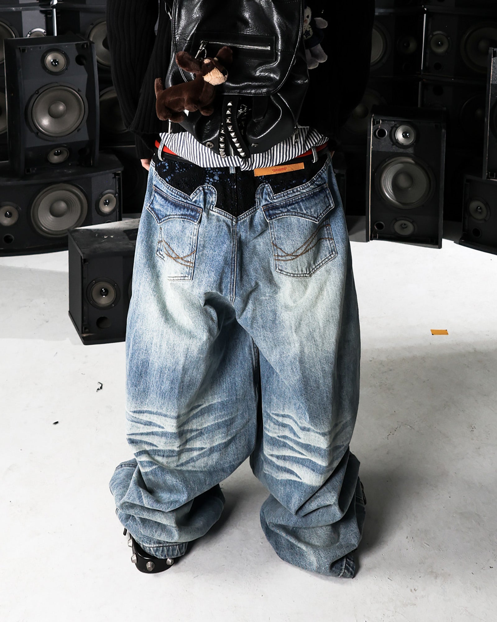 PCCVISION Lace Spliced Washed Wide-Leg Jeans