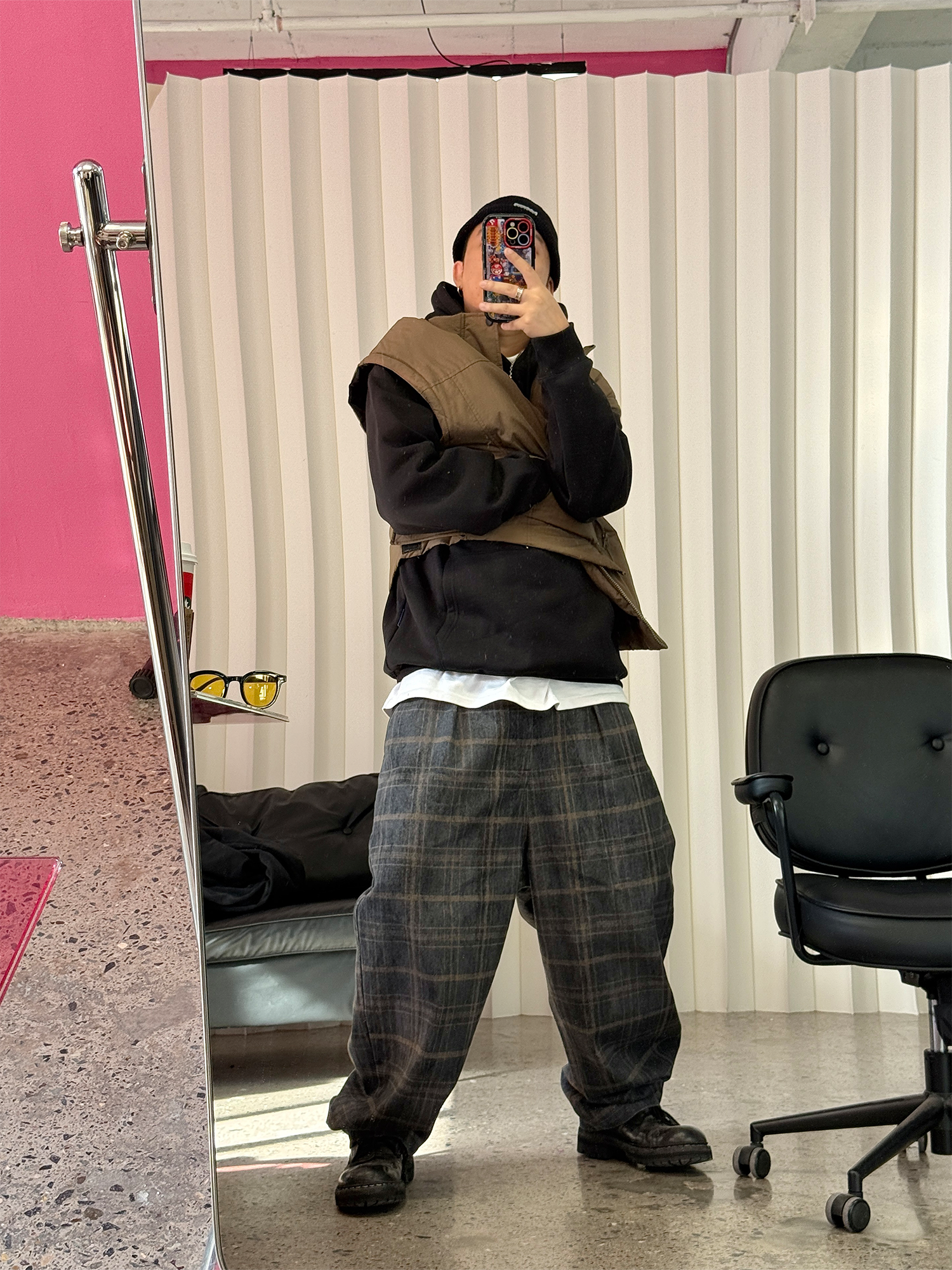 ME DA IGUAL Washed Plaid Tappered Pants Coffee