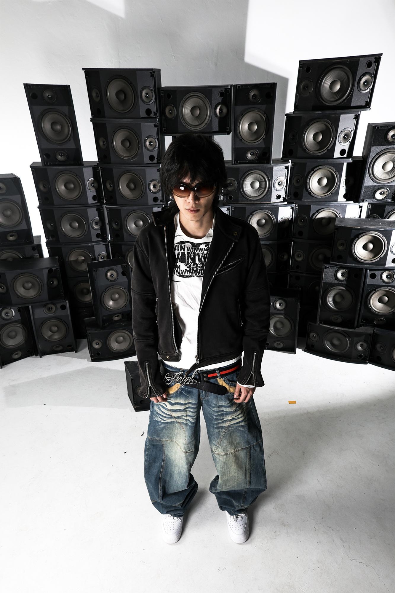 PCCVISION Washed Spliced Wrinkled Baggy Jeans